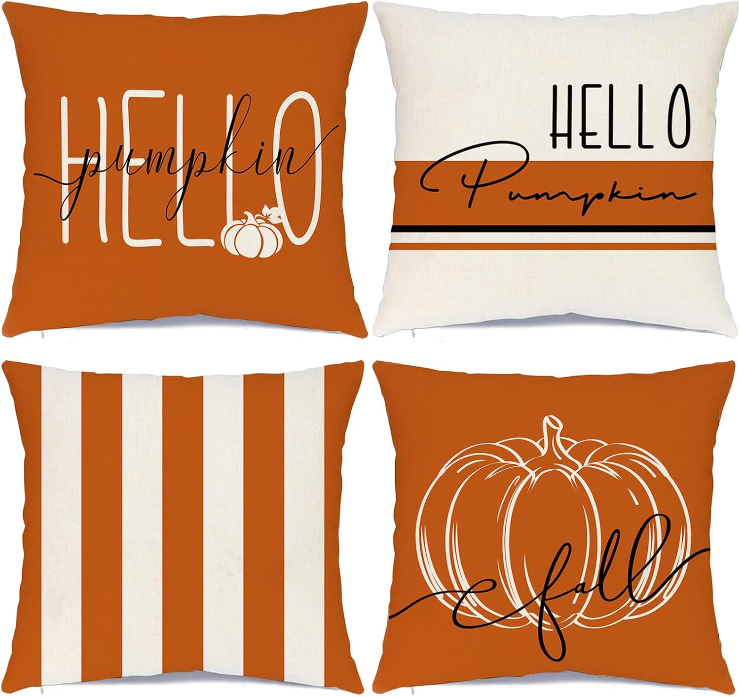 RABUSOFA Juego de 4 fundas de almohada decorativas de otoño de 18 x 18 pulgadas, fundas de almohada de calabaza de Hello Pumpk, almohadas