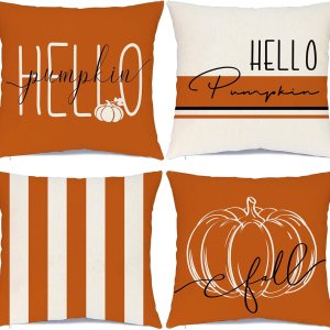 RABUSOFA Juego de 4 fundas de almohada decorativas de otoño de 18 x 18 pulgadas, fundas de almohada de calabaza de Hello Pumpk, almohadas RABUSOFA Juego de 4 fundas de almohada decorativas de otoño de 18 x 18 pulgadas, fundas de almohada de calabaza de Hello Pumpk, almohadas