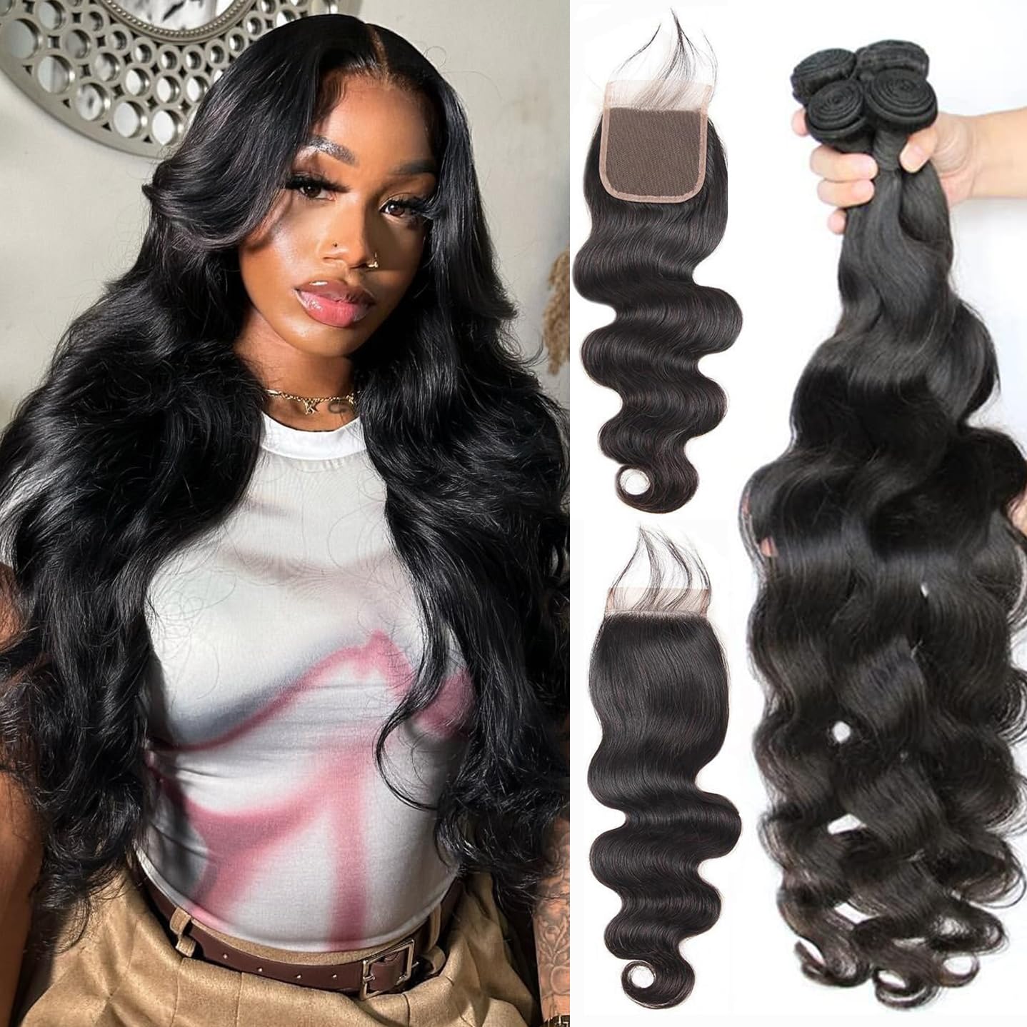 Releek Extensiones con 4 manojos de cabello brasileño ondulado con cierre, 100% cabello humano virgen Remy con cierre de encaje suizo marrón medio,