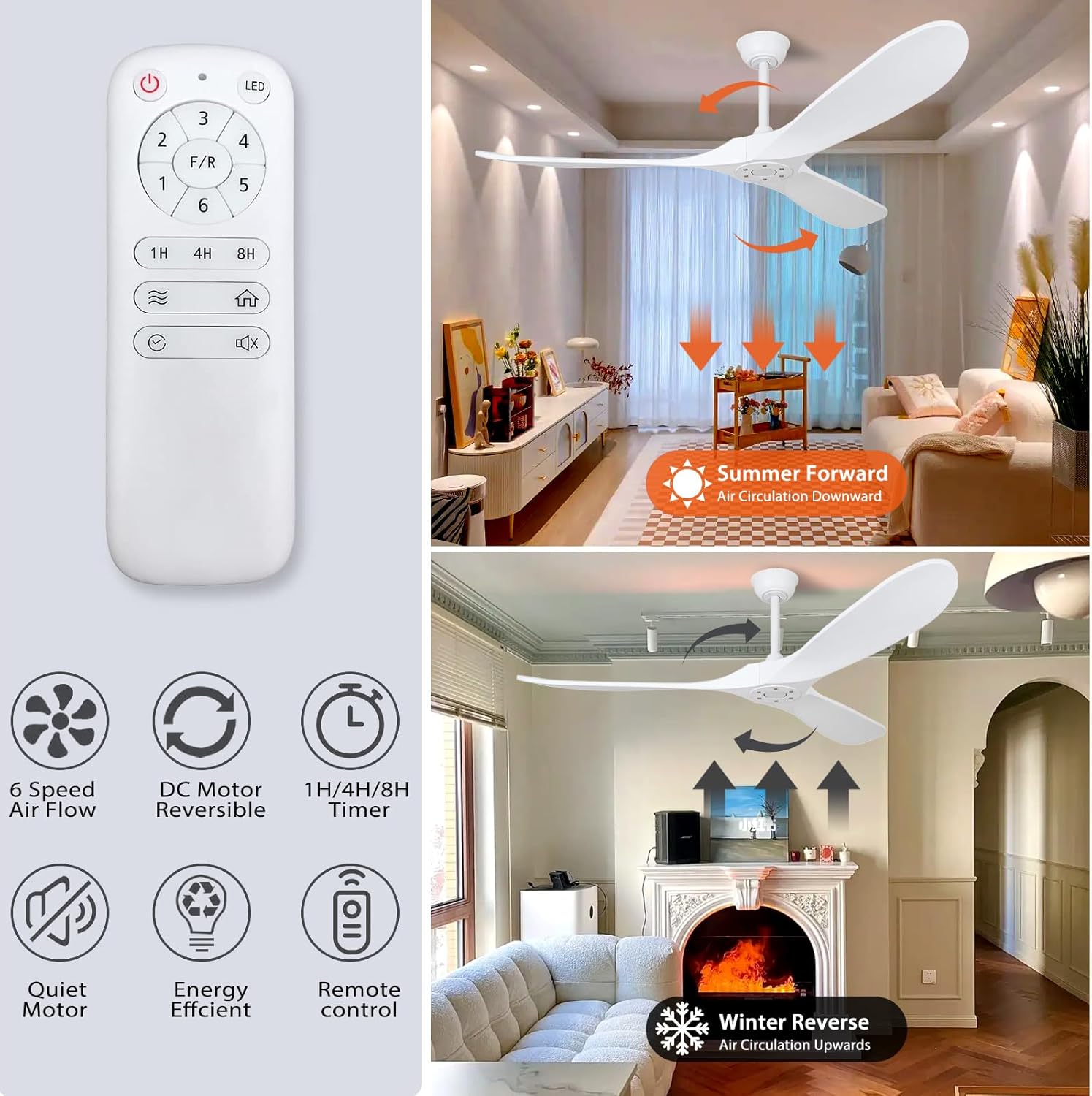 Ventilador de techo de madera de 70 pulgadas sin luz, ventiladores de techo con 3 aspas y varillas inferiores, 6 velocidades, motor de CC,
