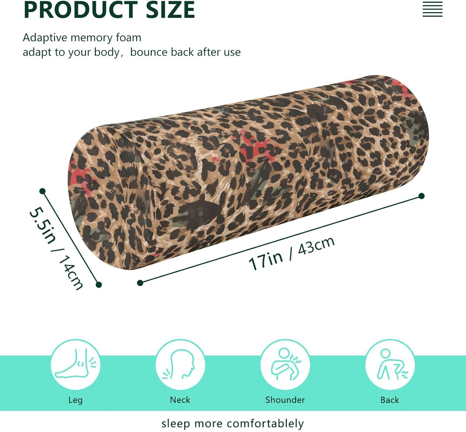KLL Leopard Pattern Wild Round Cervical Roll Bolster Pillow Sleep Neck Roll Pillow Long Round Pillows for Bed Cylinder Throw Pillow Bolster Pillow