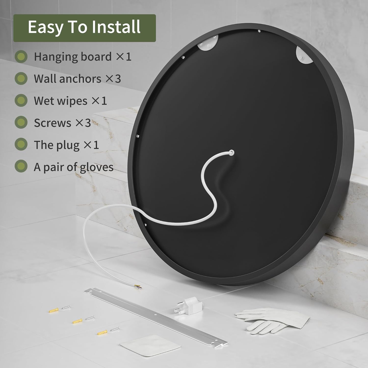 Vosuja Espejo de baño LED redondo de 24 pulgadas con luces, marco negro circular incrustado, diseño de tira de luz moderna, 3 opciones de color