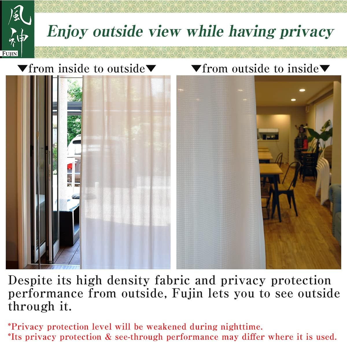 KURENAI – Cortinas de privacidad de 100 % poliéster reciclado, transparentes de Fujin, hechas en Japón, privacidad diurna, bloqueo UV, plisadas,