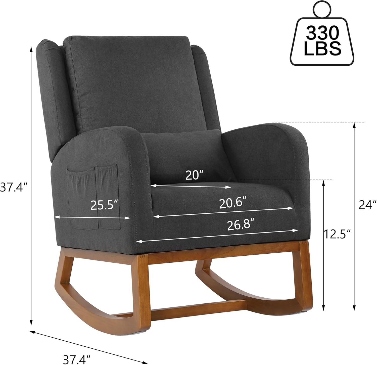 LSSBOUGHT Mecedora para guardería, acogedora silla reclinable con respaldo alto con almohada y patas de madera para sala de estar, dormitorio,