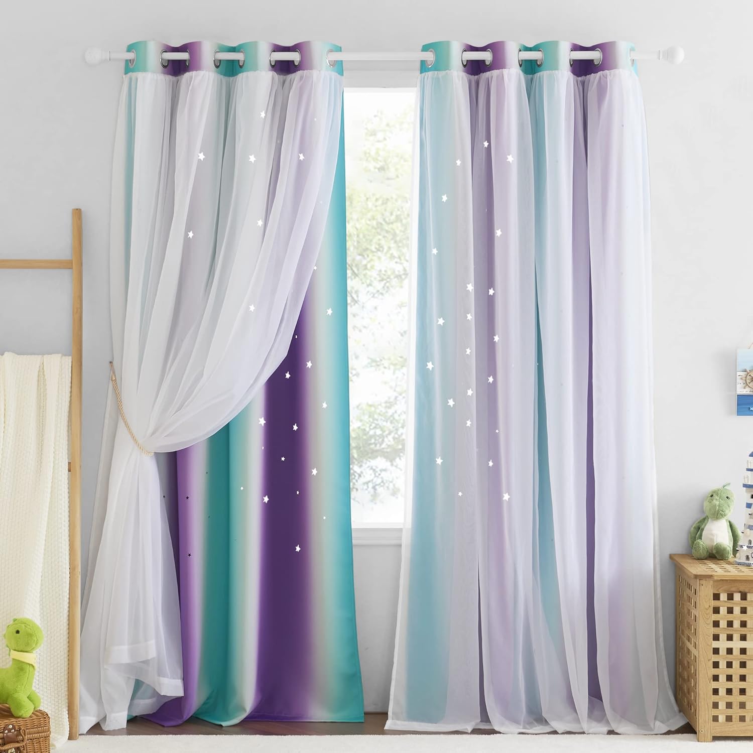 NICETOWN Cortinas opacas con diseño de estrellas para habitaciones de niñas, cortinas de princesa para ventana de dormitorio, con aislamiento