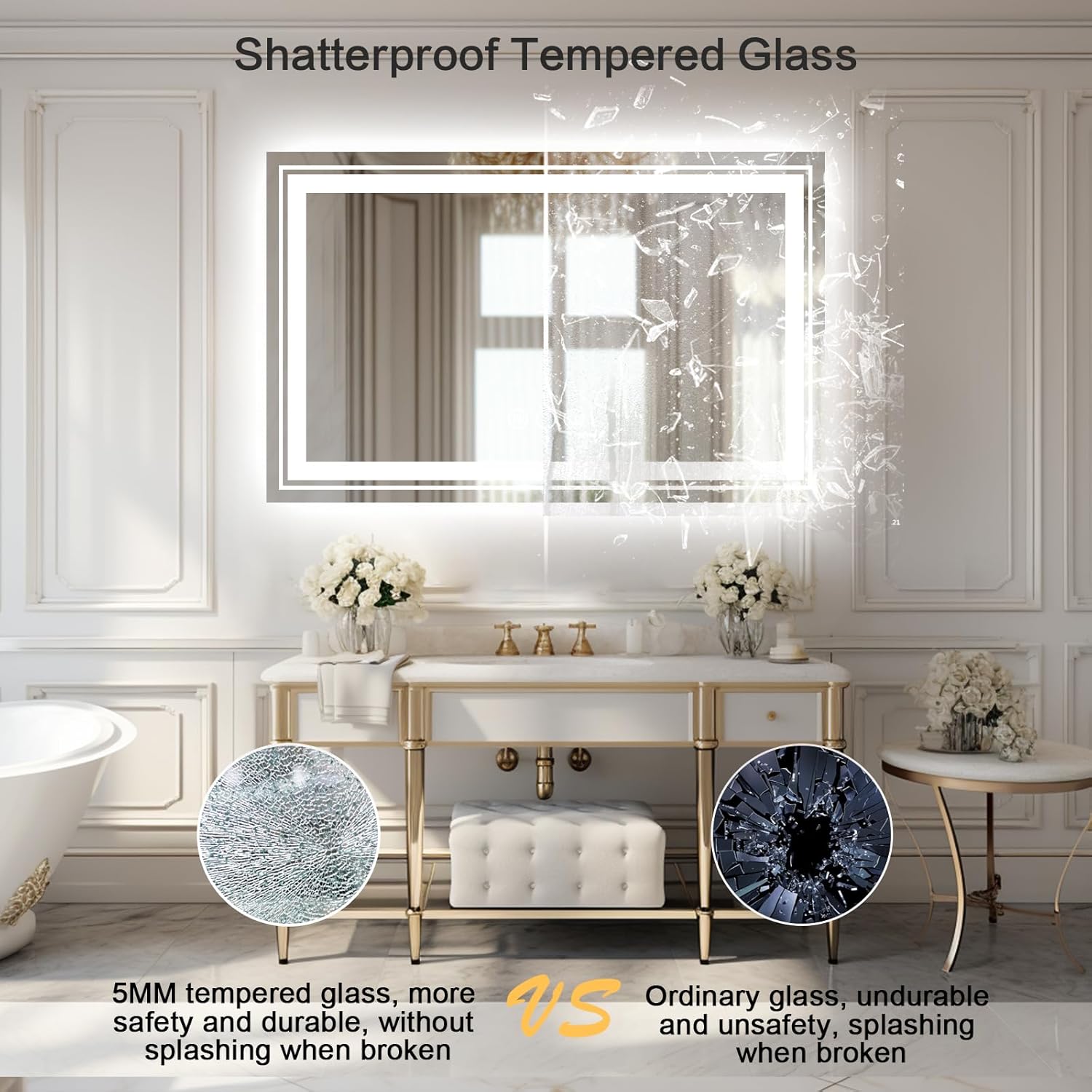 WTTY Espejo de baño LED de 60 x 36 pulgadas con luces, retroiluminado y frontal iluminado, espejo de tocador de baño montado en la pared, espejo de