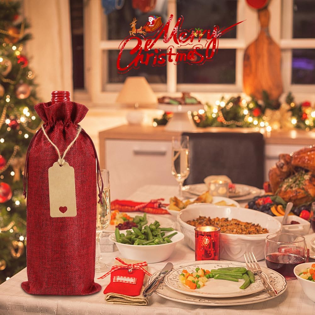 Shintop 12 bolsas de vino de arpillera, bolsas de regalo de vino de Navidad, bolsas reutilizables para botellas de vino con cordón para Navidad,
