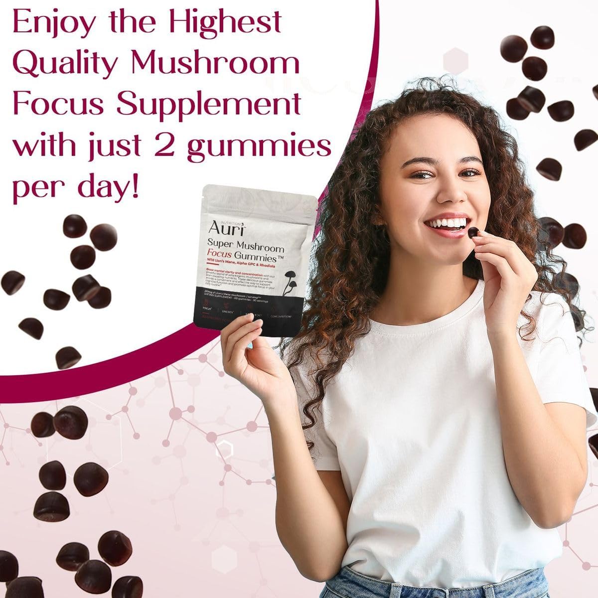 Auri Gomitas Super Mushroom Focus  melena de león, Alpha GPC y Rhodiola  Suplemento de hongos para apoyar la función cognitiva, claridad mental,