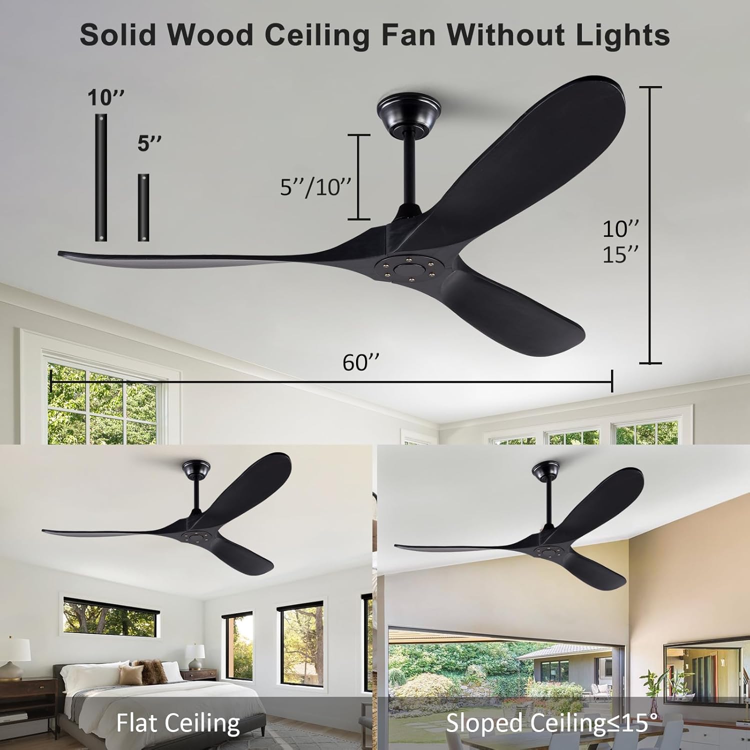 BOOMJOY Ventilador de techo de madera moderno de 60 pulgadas sin luces, motor CC reversible sin ruido, ventiladores de techo de 60 pulgadas para