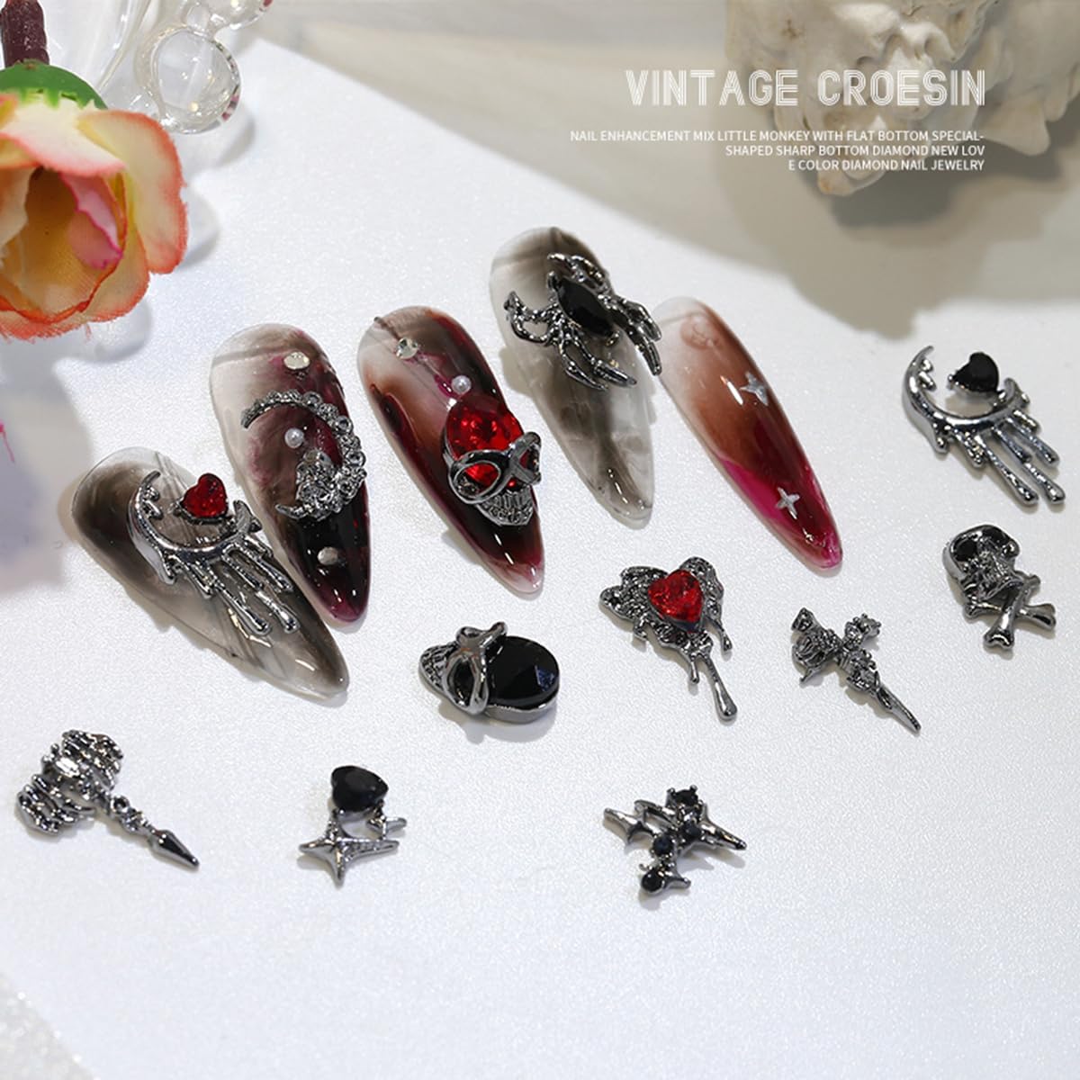 22 dijes para uñas de Halloween, diamantes de imitación plateados 3D para uñas, dijes de aleación de araña, calavera para decoración de uñas, cruz