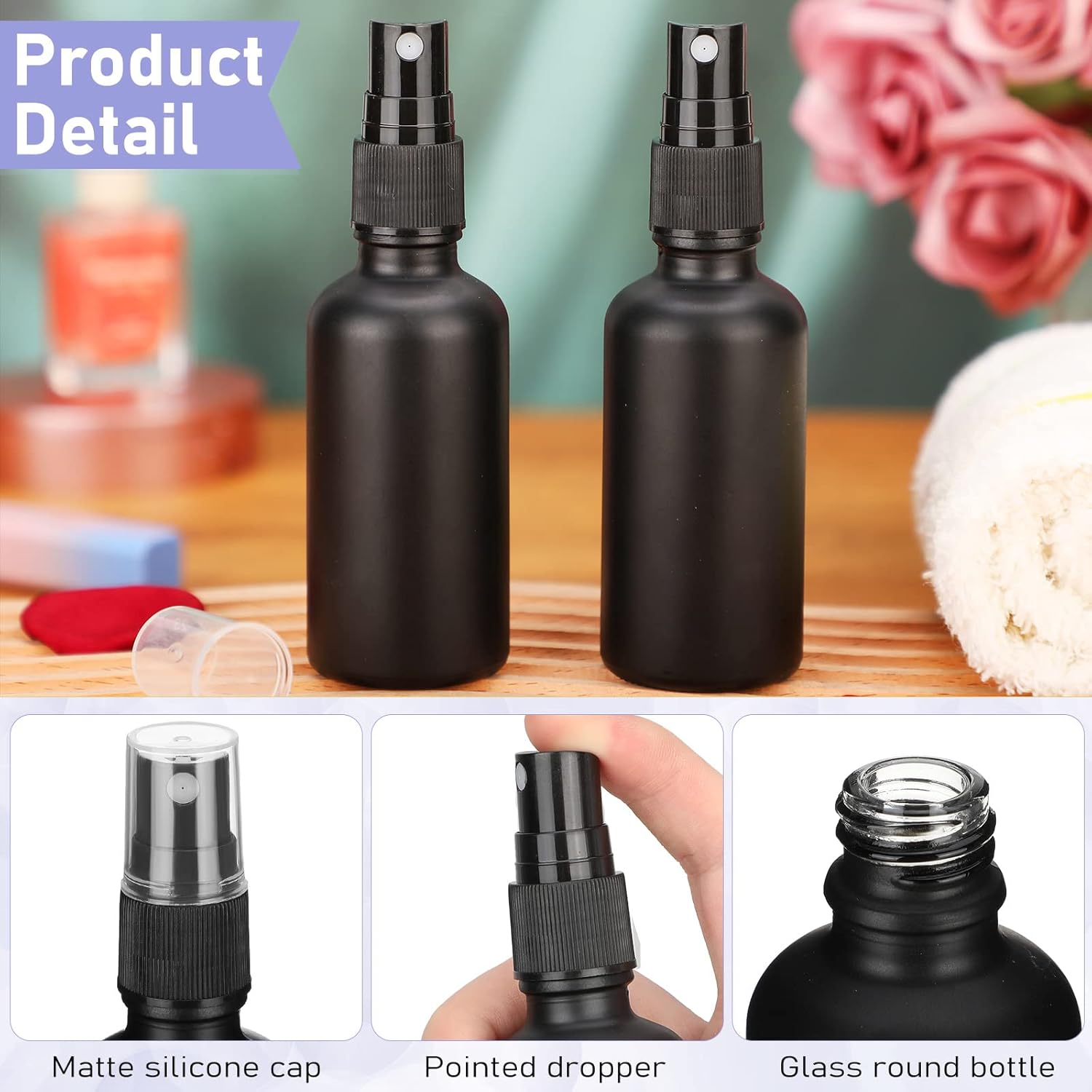 100 botellas de spray de vidrio de 2 onzas, botella de spray de niebla fina, botellas de aerosol cosméticas rellenables, botella pequeña vacía con