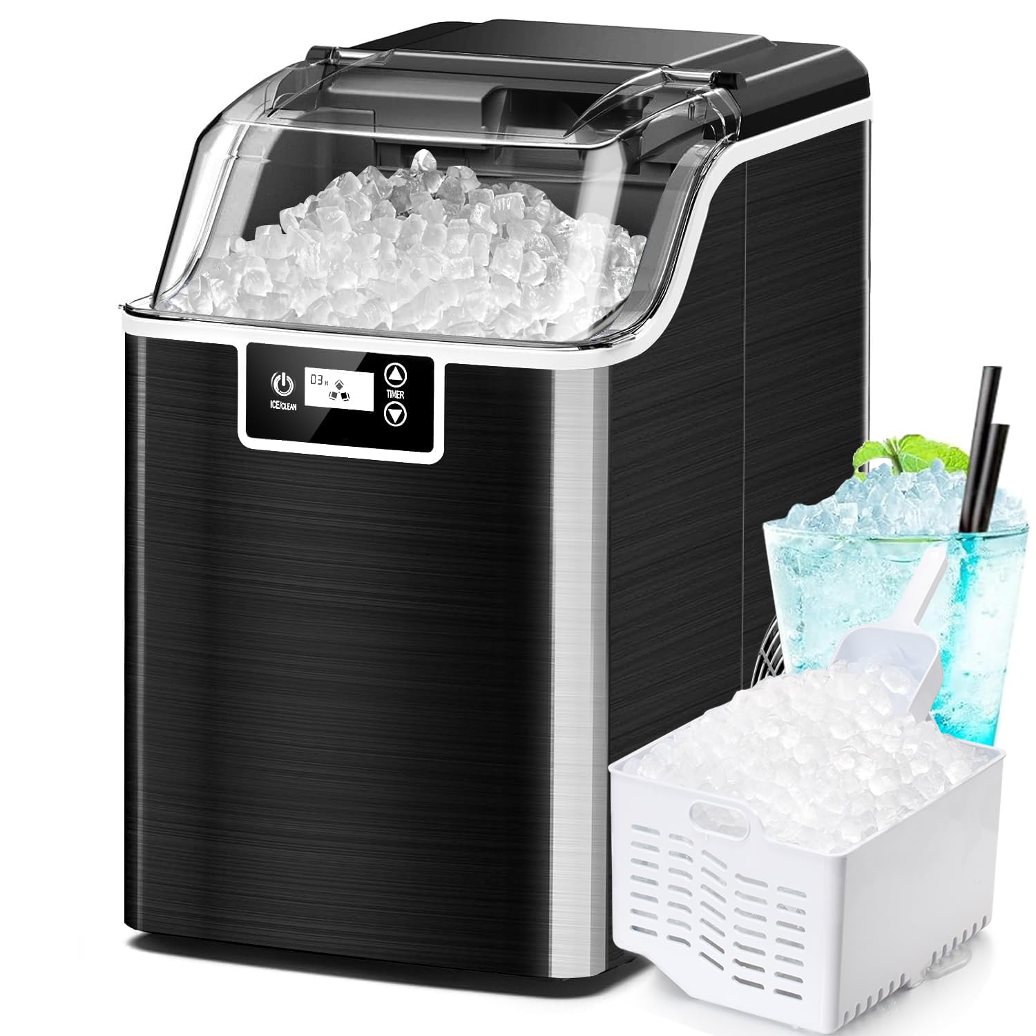 Kndko Nugget – Máquina de hielo triturado, 45 librasdía, temporizador de 24 horas, máquina de hielo autolimpiante, cubos de hielo para fiesta de bar