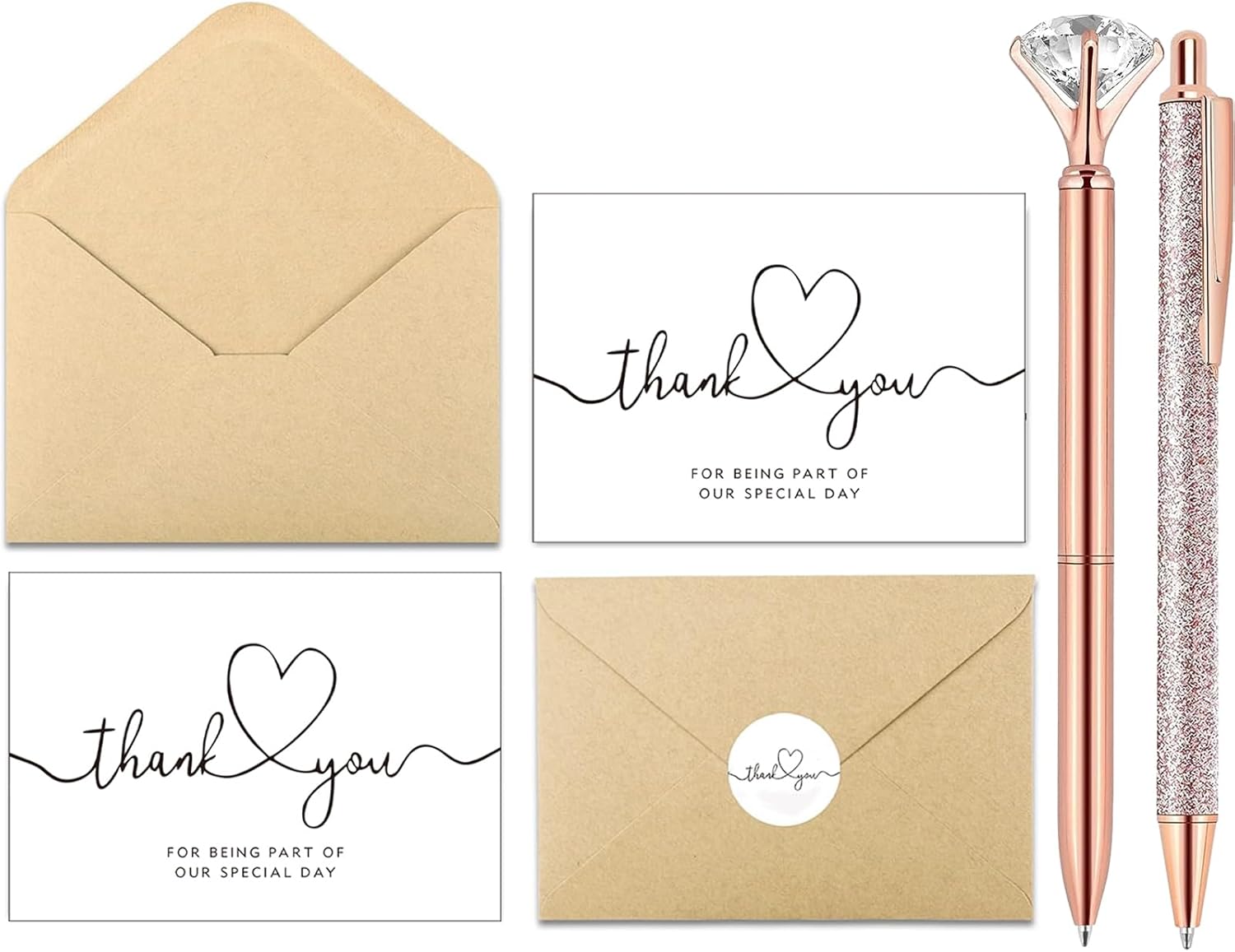 Tarjetas de agradecimiento con sobres y calcomanías a juego, paquete de 40 tarjetas de agradecimiento de boda, paquete a granel de 40 unidades,