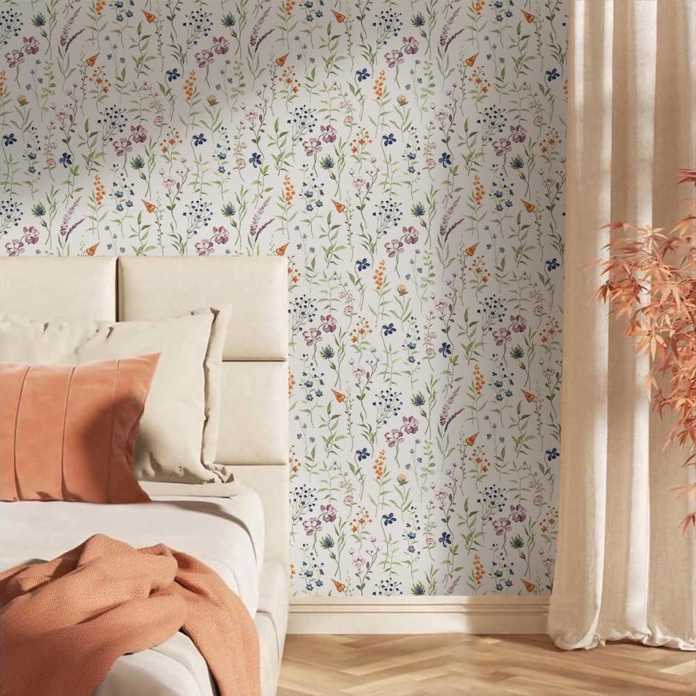 MuralPeel Papel tapiz de flores silvestres blancas, plantas florales, botánicos, autoadhesivo, extraíble, fácil de despegar en papel de pared para