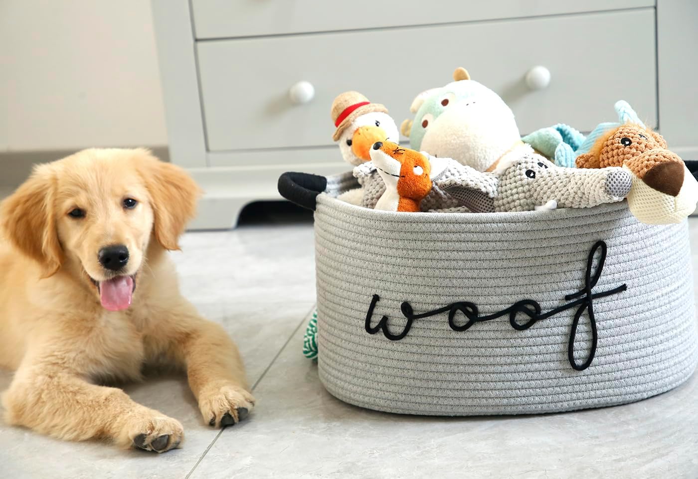 CIKI HOME Woof – Cesta de juguetes para perros, cestas tejidas para mascotas, caja de almacenamiento con asas duraderas, suministros para mascotas,