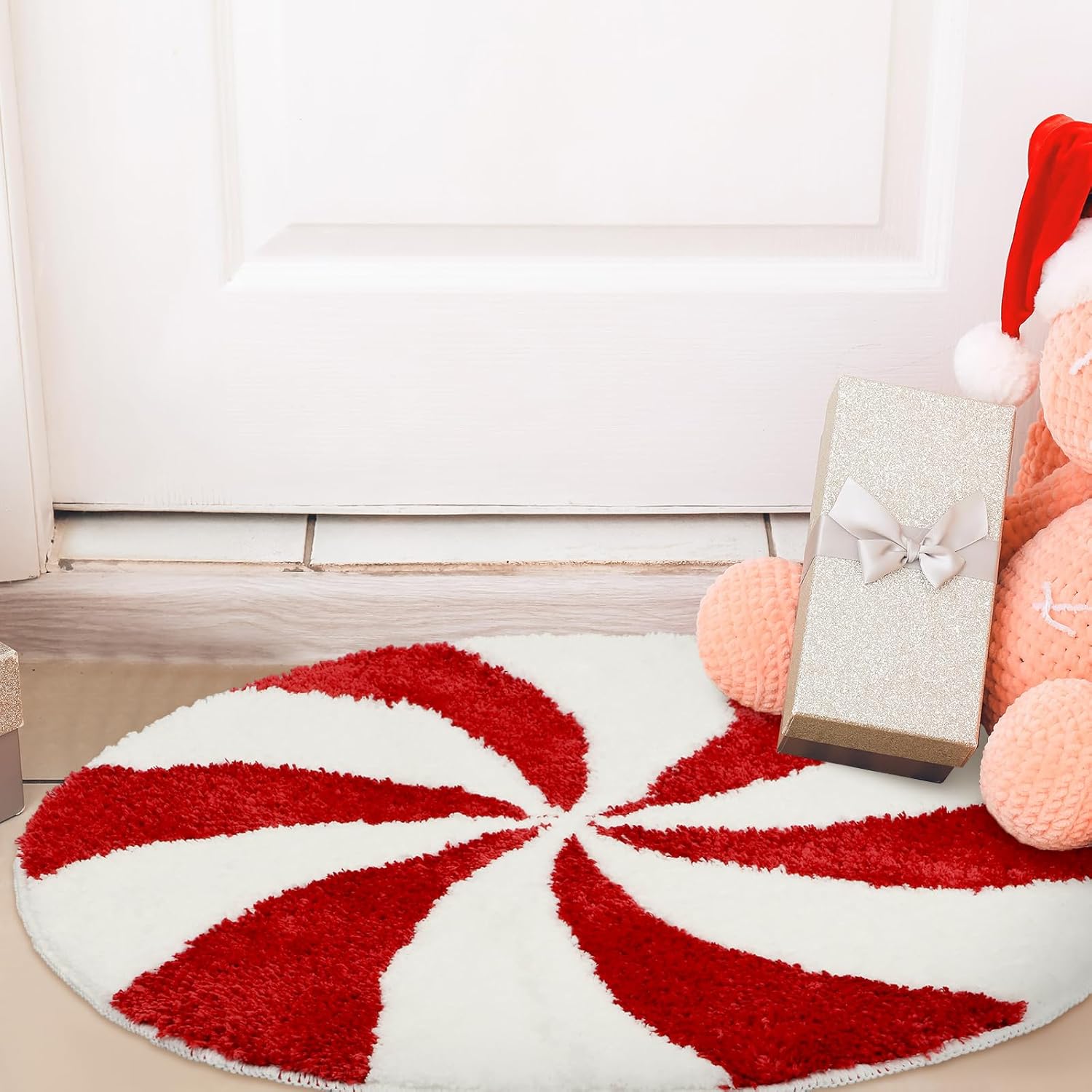 Alfombras de baño de Navidad de 25 pulgadas, lavables, redondas, para invierno, color rojo y blanco, tapete de baño de caramelo, antideslizante,