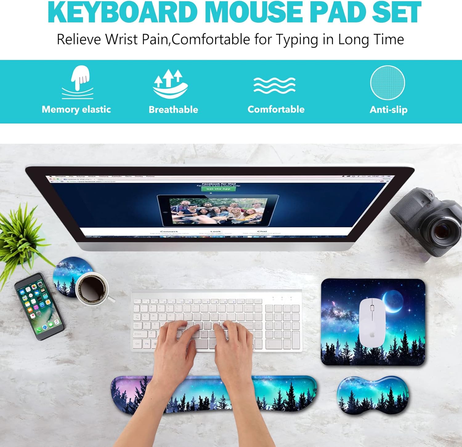 AIMSA Reposamuñecas para teclado + alfombrilla para mouse + reposamuñecas para mouse + posavasos, base de goma antideslizante ergonómica de espuma
