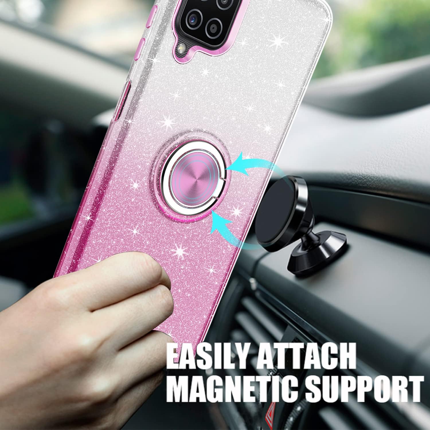 TJS Funda compatible con Samsung Galaxy A12, con protector de pantalla de vidrio templado, anillo de metal, soporte magnético, tono brillante,