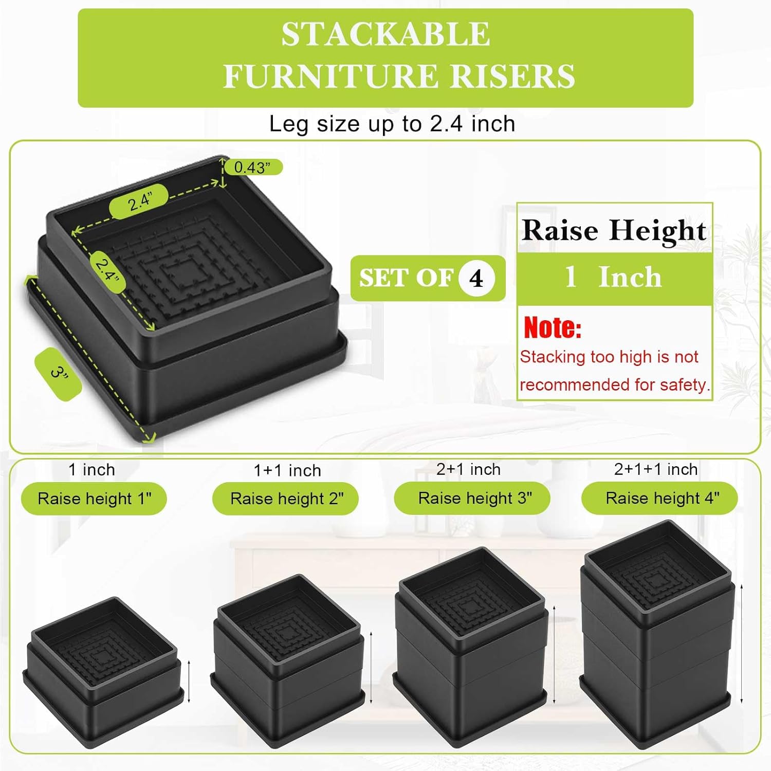 Paquete de 4 elevadores de muebles de 1 pulgada, elevadores de cama ajustables resistentes para mesa, escritorio, sofá, gabinete, marco de cama,