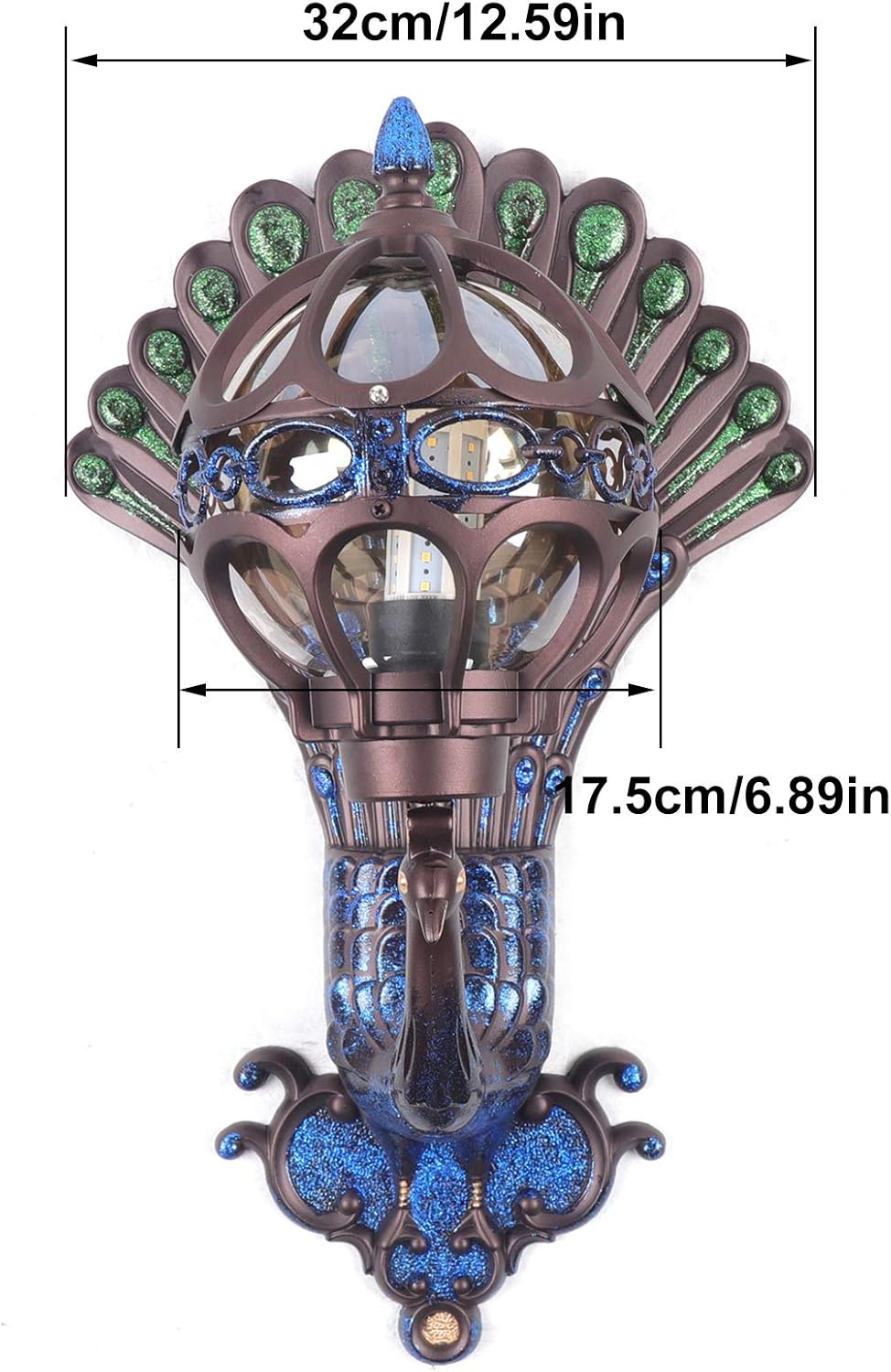 SHIOUCY Aplique de pared LED, lámpara de pared metálica vintage de mediados de siglo, lámpara de esfera Art Deco con placa trasera de pavo real para