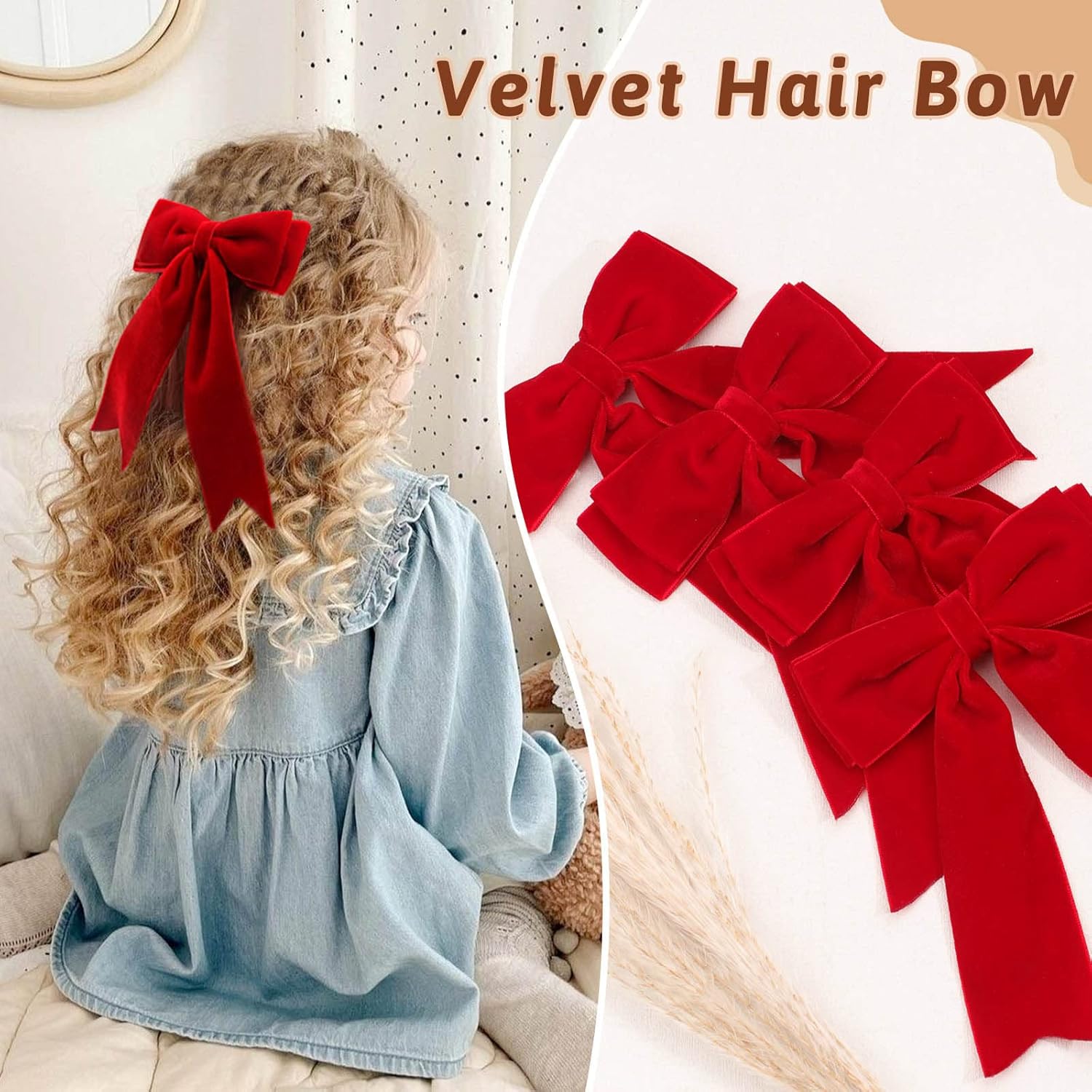 4 lazos de terciopelo para el cabello para niñas, pinzas para el cabello rojo, lazos largos para cola de caballo, accesorios para el cabello para
