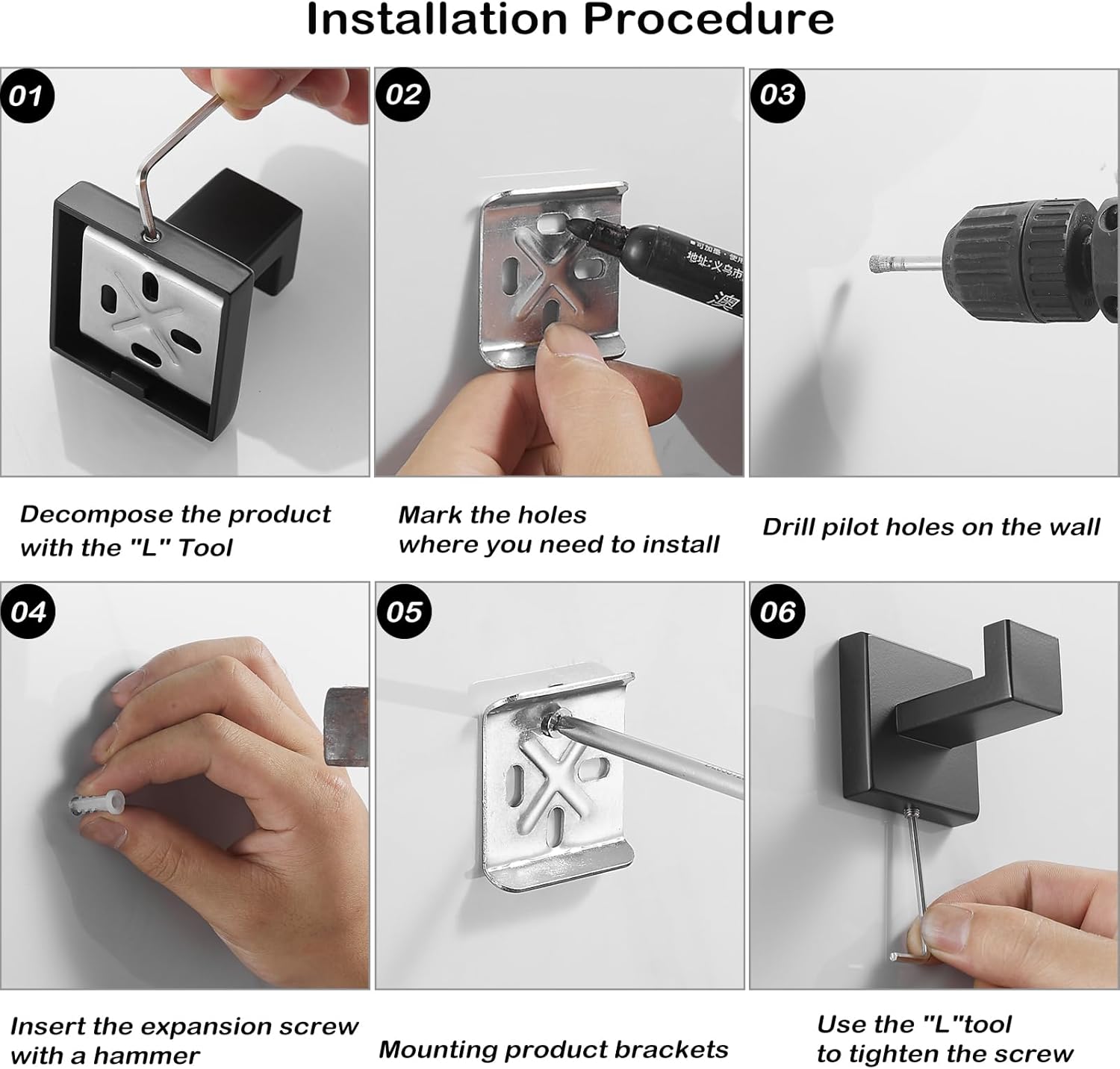 LOORODR Juego de accesorios de baño, toalleros de acero inoxidable SUS304, 5 piezas de barra de toalla negro mate montado en la pared, barras de