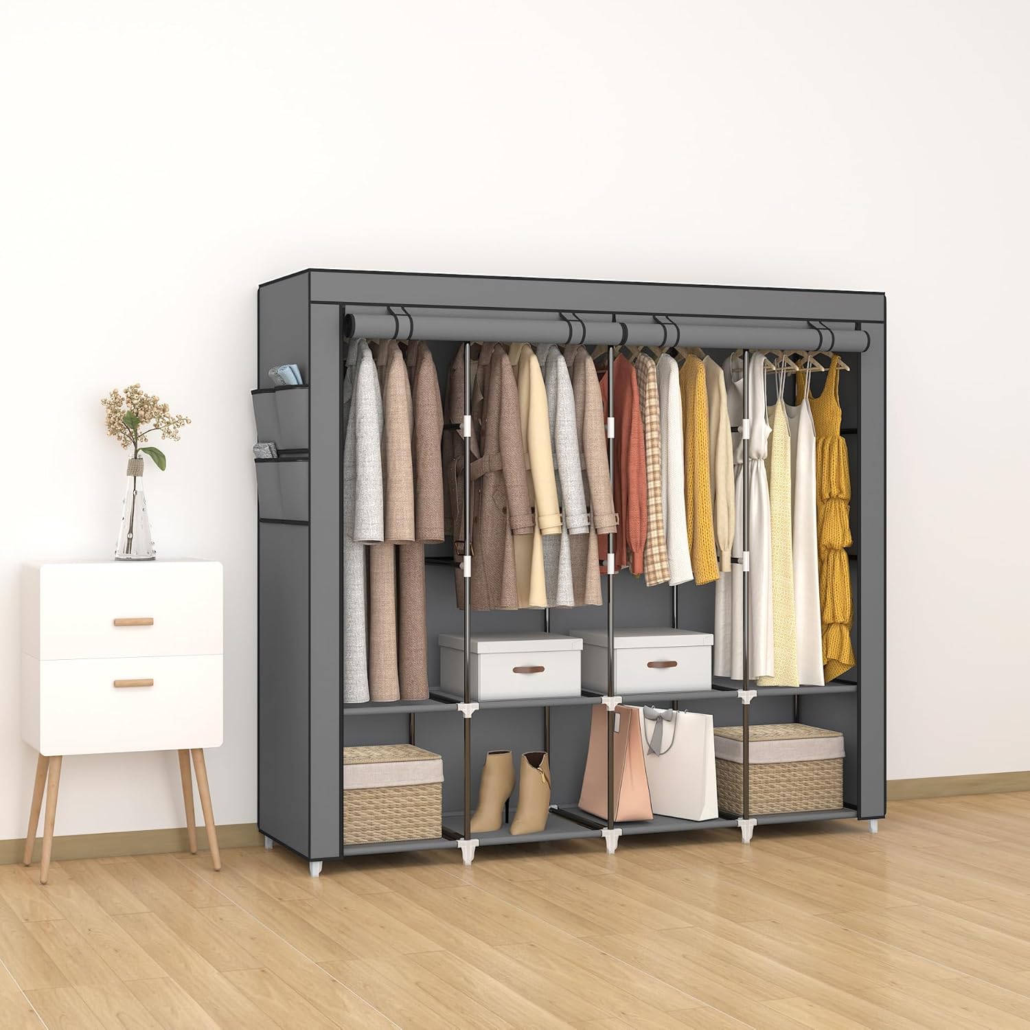 Armario portátil de 67 pulgadas para colgar ropa, armario con tapa, 4 varillas para colgar y bolsillos laterales, 8 estantes de almacenamiento,