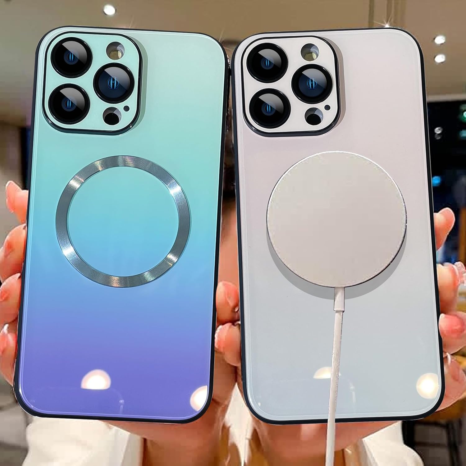 MZELQ Funda compatible con iPhone 14 Pro Max (soporte para Magsafe), funda magnética degradada con cargador inalámbrico, cubierta trasera de vidrio