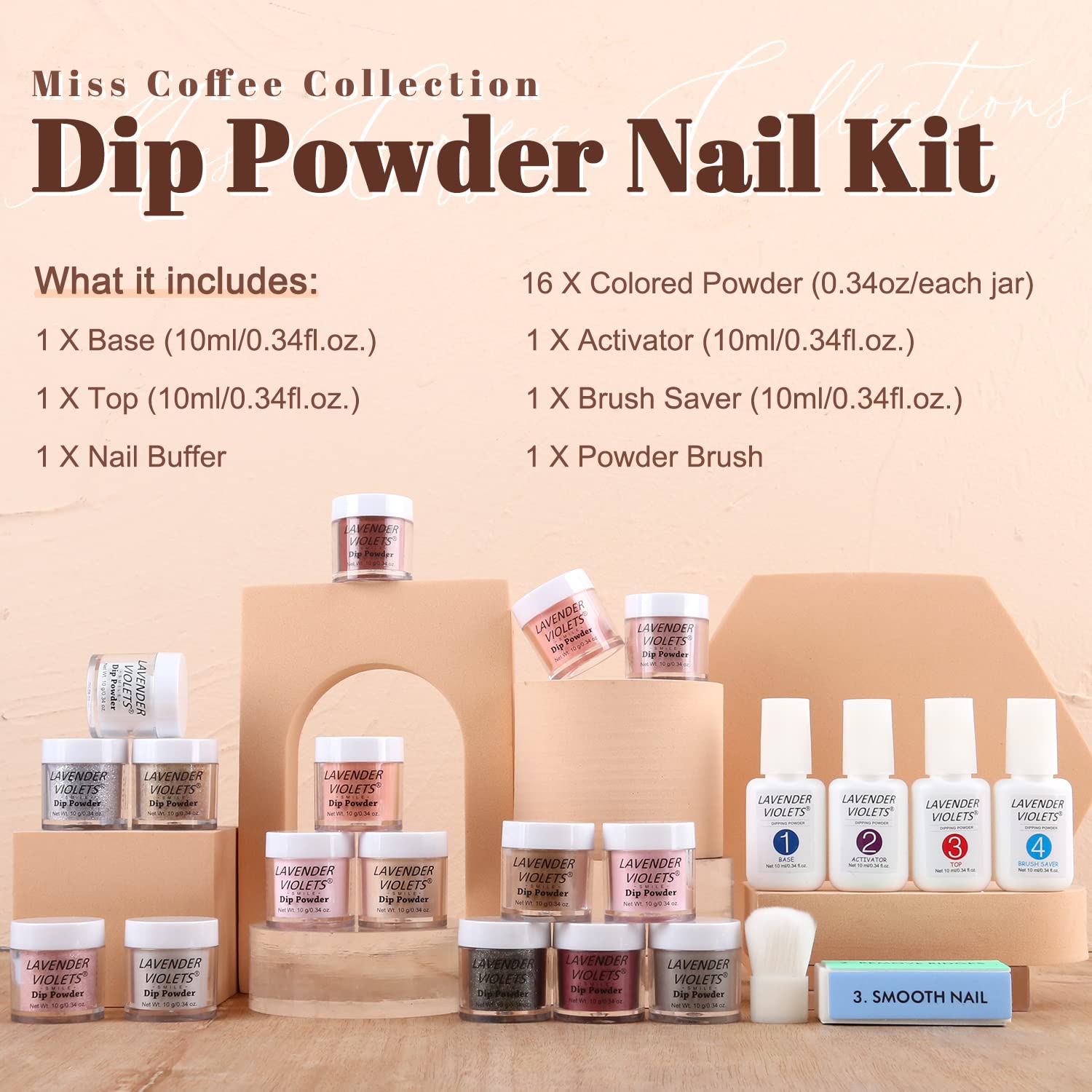 Lavender Violets Kit de 22 piezas de polvo de inmersión para uñas, 16 colores nude rosado marrón tono de piel polvo de inmersión líquido con capa