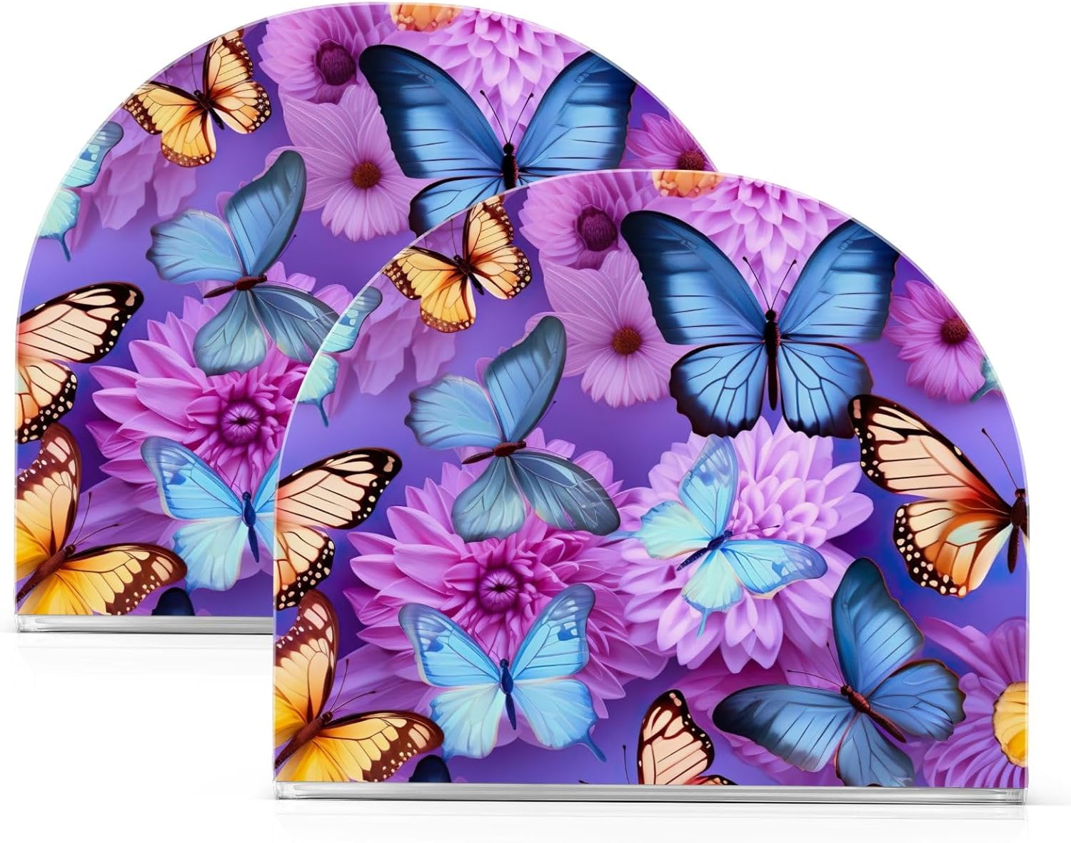 Dispensador de servilletas de flores moradas con mariposas, soporte de acrílico para servilletas de cóctel para mesas, servilleta de pie para cena,