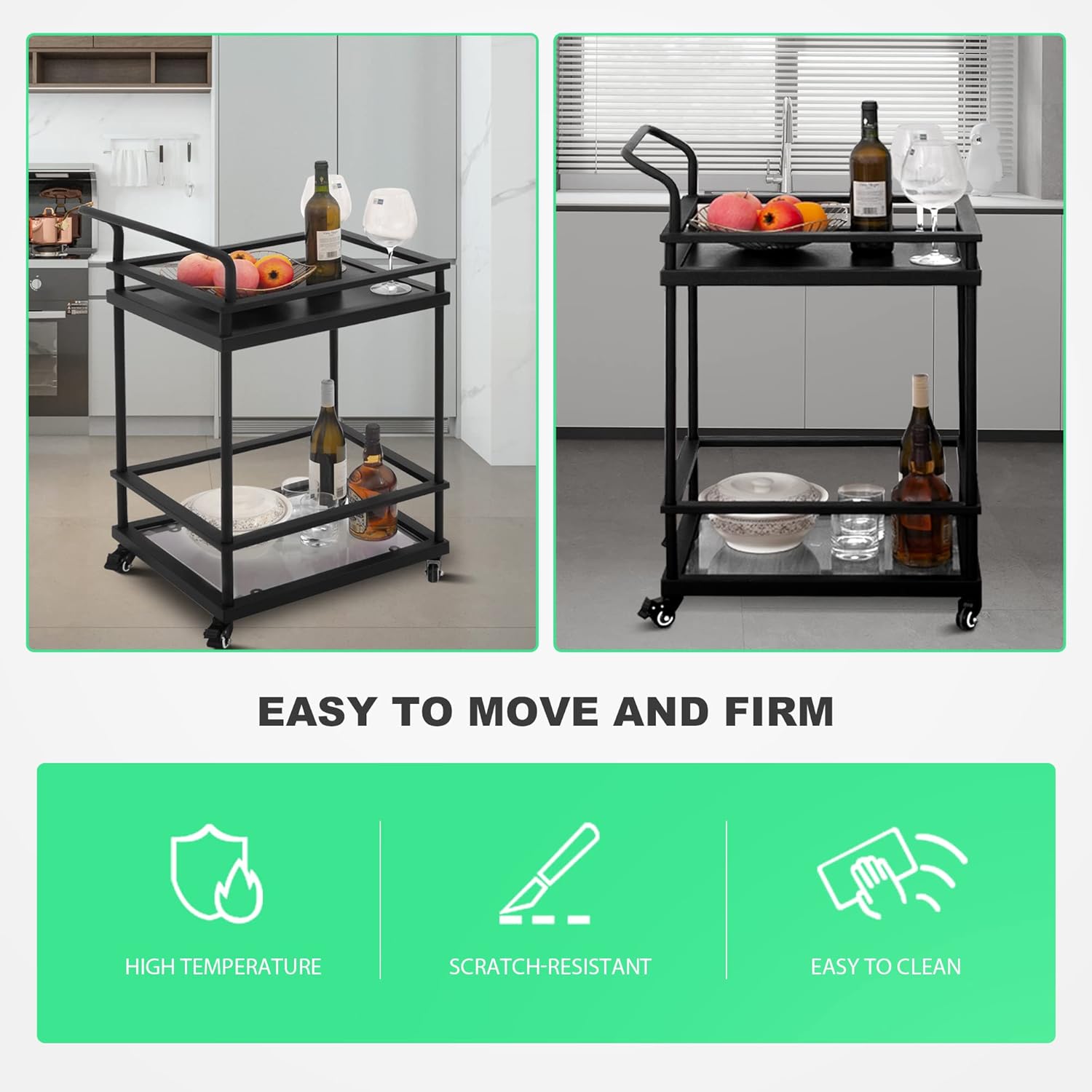 AZL1 Life Concept Carter Rolling Bar – Carrito de servicio de 2 niveles, marco de metal y estante de madera de roble, color negro