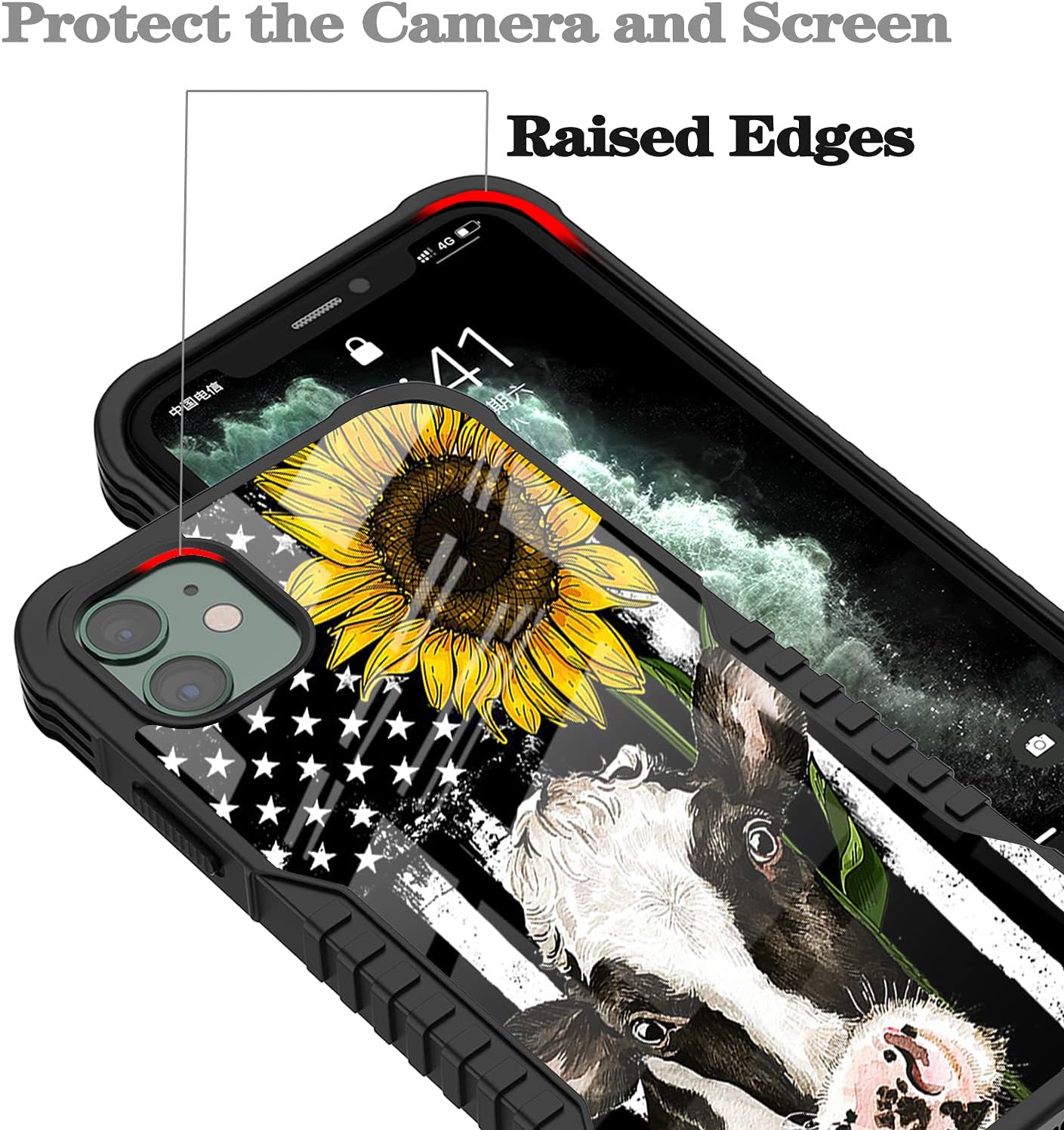 Funda compatible con iPhone 1212 Pro para niños y niñas, diseño de girasol y vaca con protección antideslizante a prueba de golpes, protección