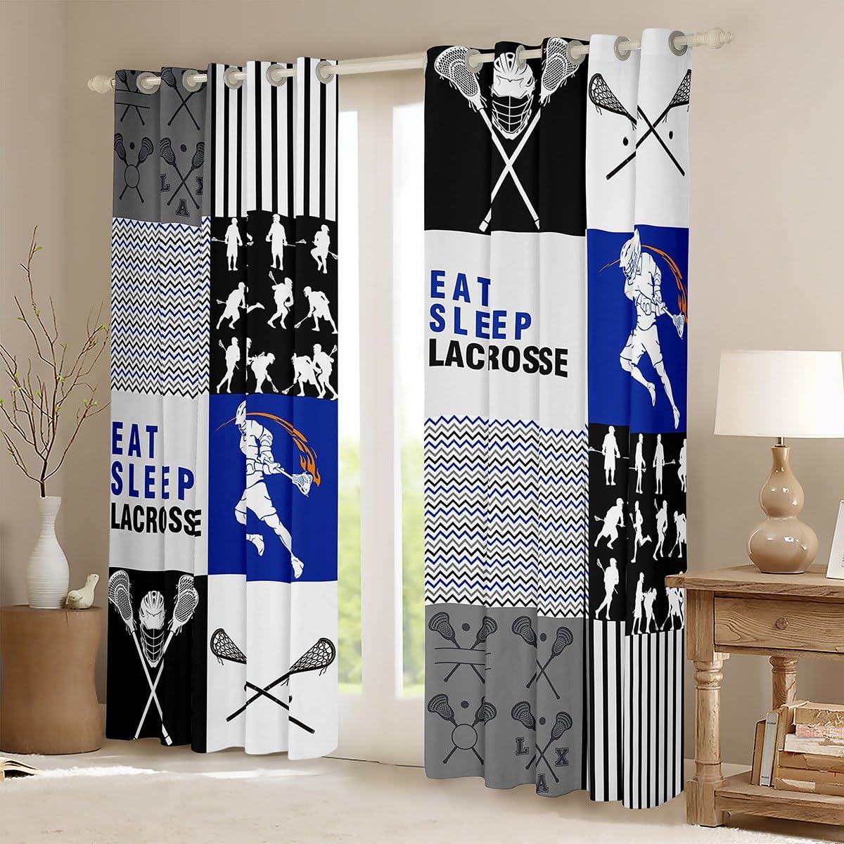 Erosebridal Cortinas opacas de lacrosse para niños, de 42 x 63 pulgadas, cortinas geométricas de retazos y cortinas para adolescentes, 2 paneles