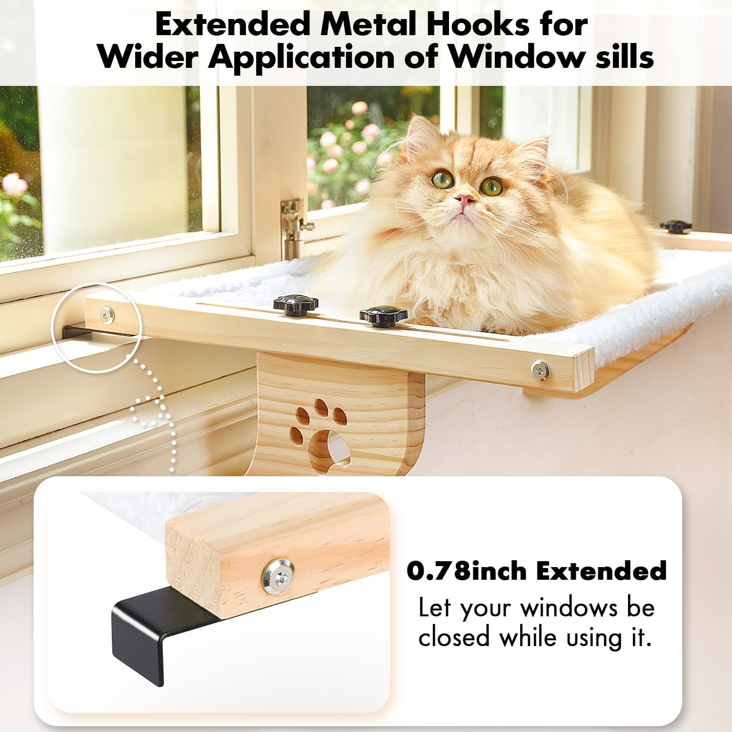 AMOSIJOY Percha para ventana de gato resistente con marco de madera y metal para gatos grandes, cama para gatos grandes fácil de ajustar para