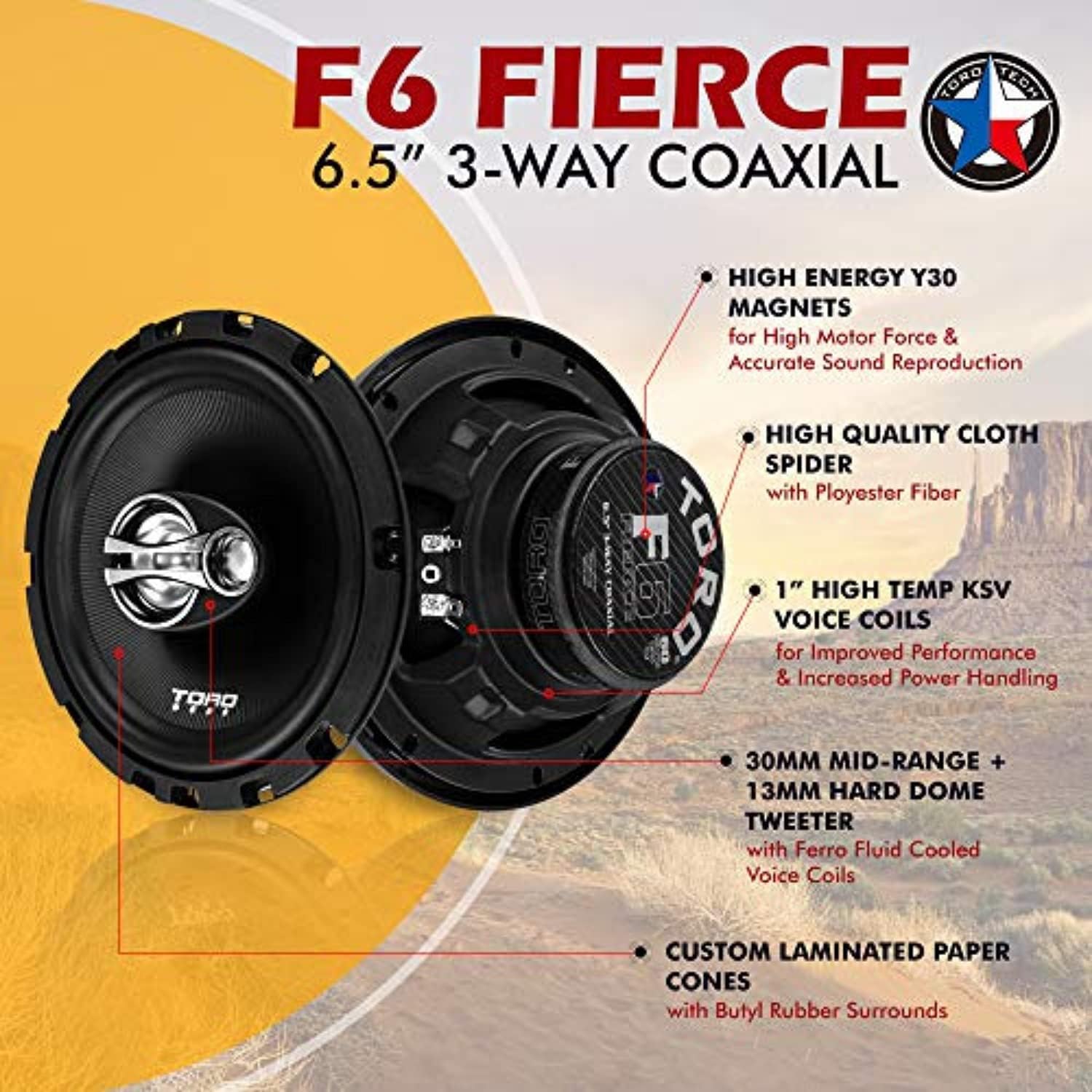 TORO TECH  F6, 6.5 Inch 3-Way Coaxial Car Speaker Set – 120 Watt MAX  60 Watts RMS, Ferro Fluid Tweeters, 4 Ohm, 1 KSV Voice Coils. Two Speaker Set
