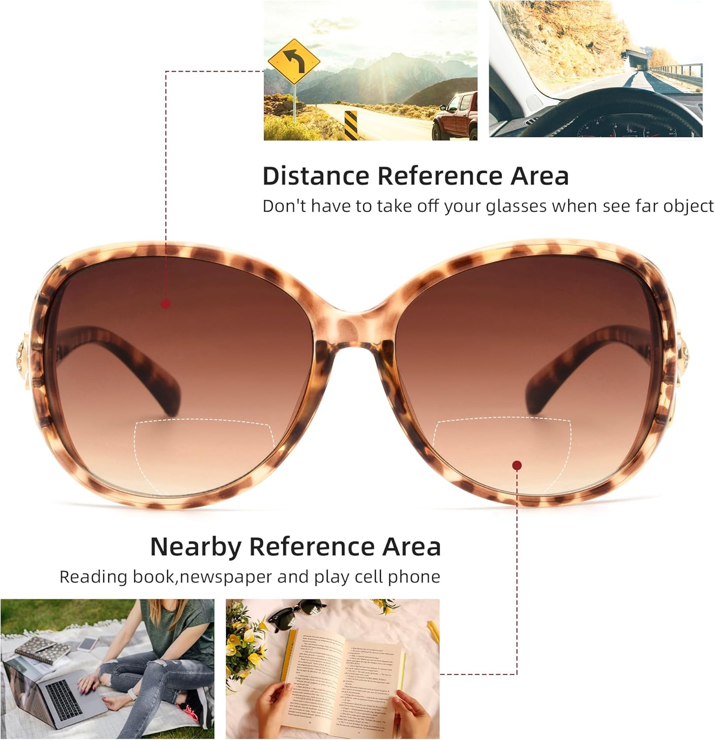 JM Lentes de sol bifocales de lectura para mujer, de gran tamaño, para lectura al aire libre, protección UV400