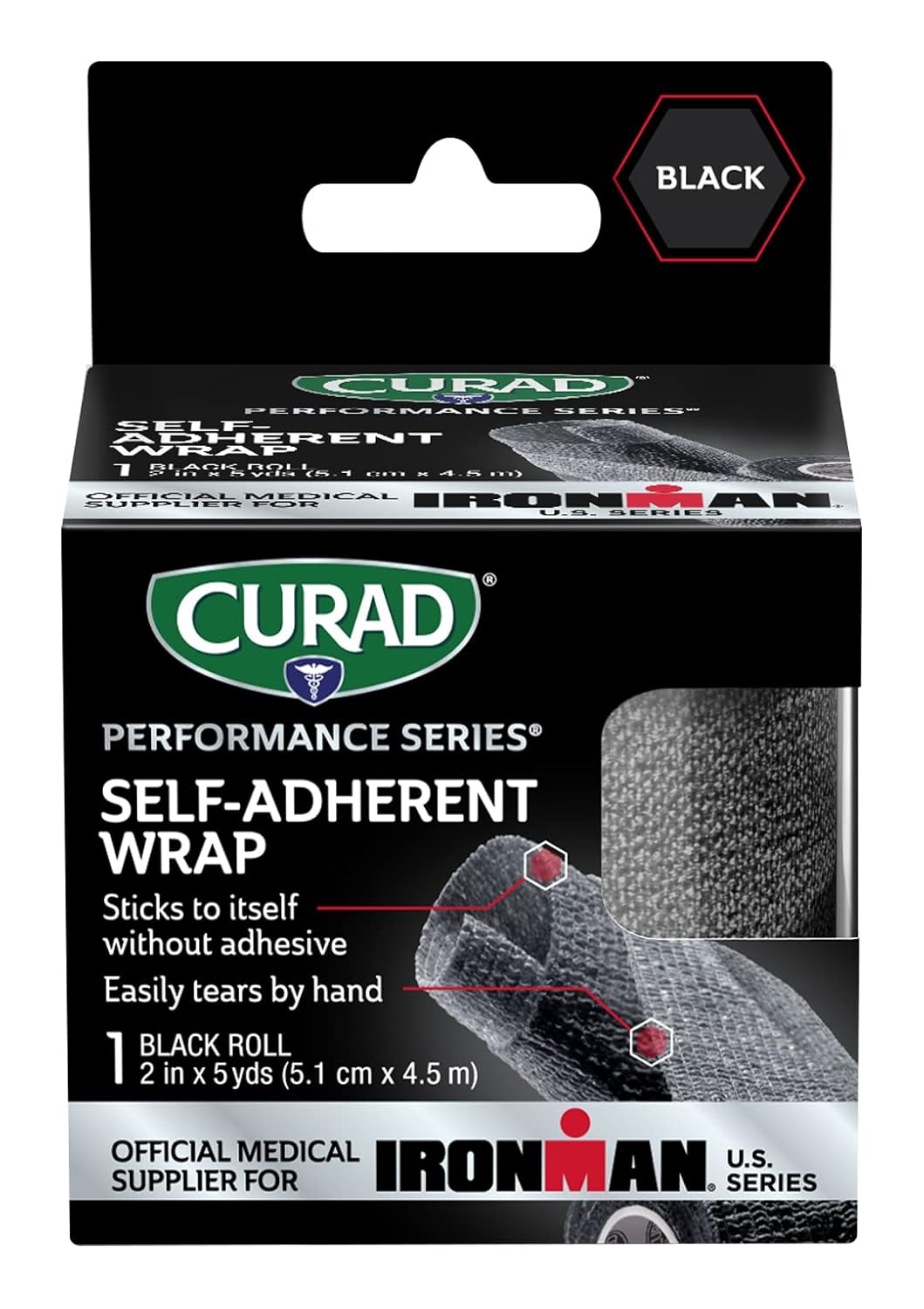 CURAD IRONMAN – Envoltura atlética autoadherente, proveedor médico oficial de IRONMAN, negro, 2 pulgadas x 5 yardas, soporte de compresión para