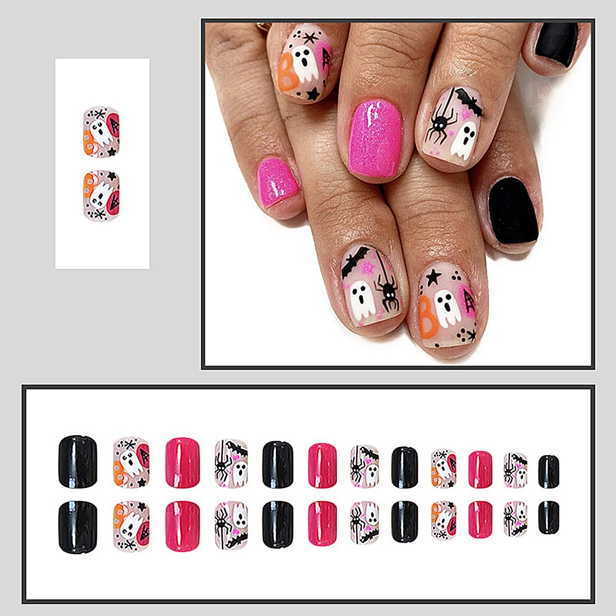 Uñas postizas de Halloween, uñas cortas cuadradas a presión, uñas postizas rosa y negro con diseños de telaraña fantasma, uñas con pegamento, puntas