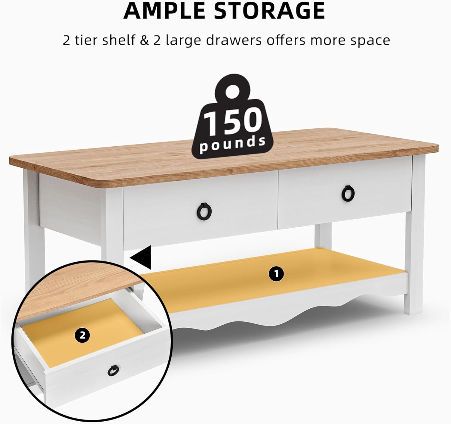 DWVO Mesa de centro rústica, mesas de centro rectangulares con estante de almacenamiento y cajones, mesa de centro de mesa de madera natural para