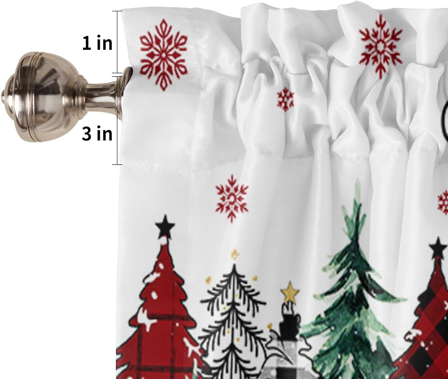 Cortinas de cenefas de Feliz Navidad para cocina, rojo, verde, negro, búfalo, árbol de Navidad, copos de nieve, cenefa de cocina blanca, cortinas