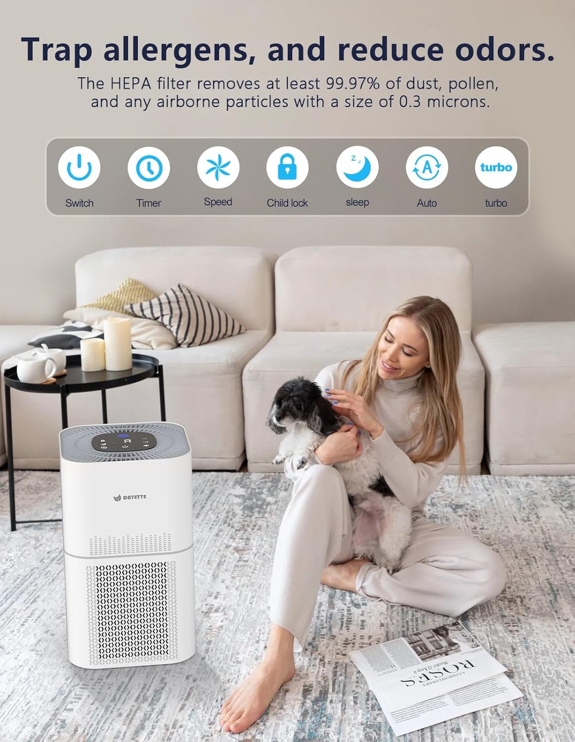Purificadores de aire para mascotas, habitación grande de hasta 1290 pies cuadrados con monitor de calidad del aire, modo automático y modo de
