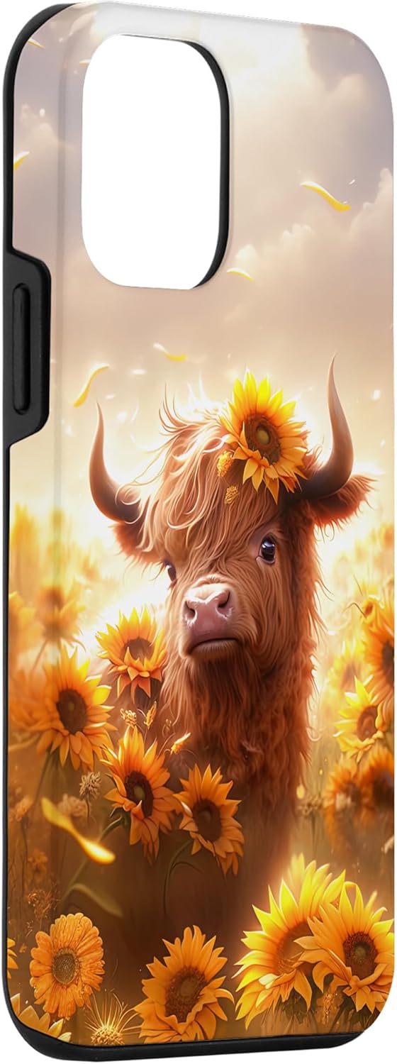 Funda para iPhone 12 mini con diseño de vaca escocesa de las tierras altas y girasoles