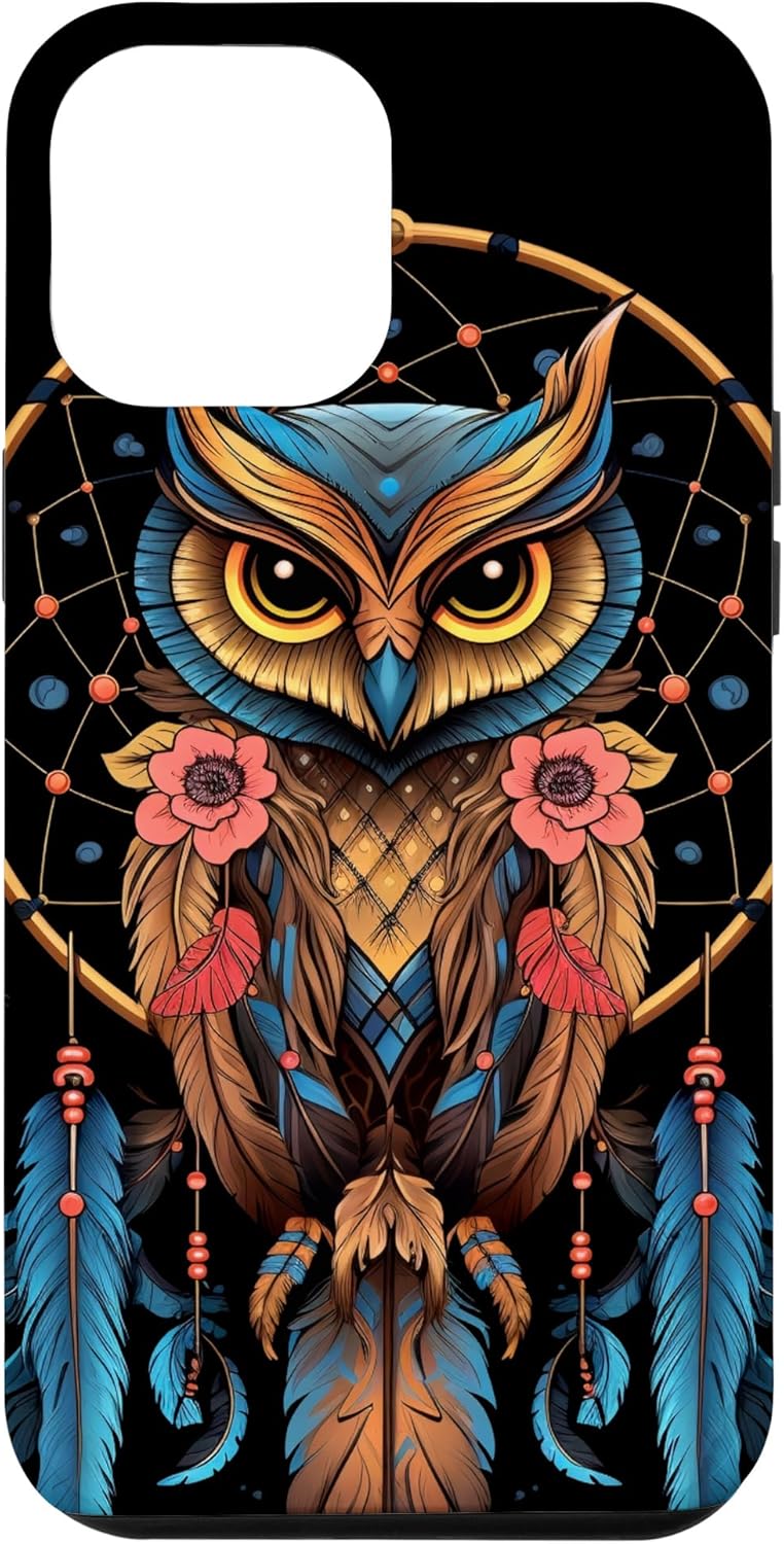 Funda para iPhone 13 Pro Max Owl Dreamcatcher nativo americano plumas tribales