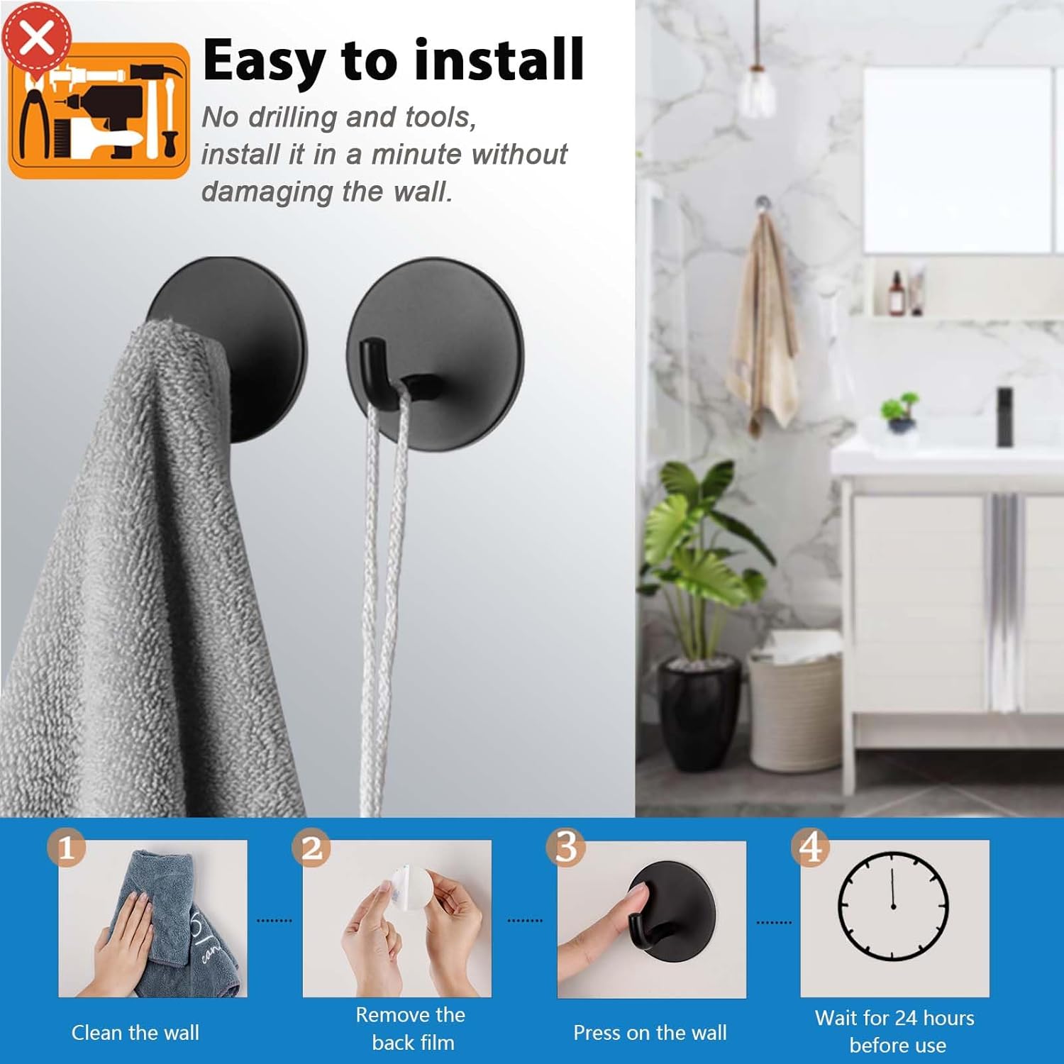 Ganchos autoadhesivos de alta resistencia, gancho negro para toallas de baño, sin clavos, ganchos adhesivos de acero inoxidable 304 para colgar