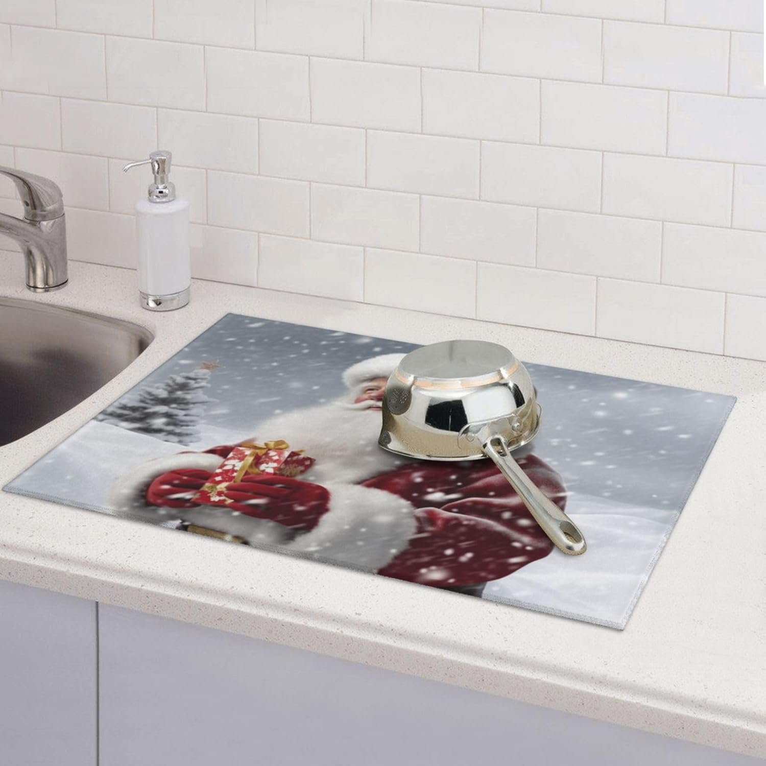 Tapete de secado de platos de Santa Claus Snow Secenry para encimera de cocina, almohadilla de secado de microfibra, absorbente para escurridor de
