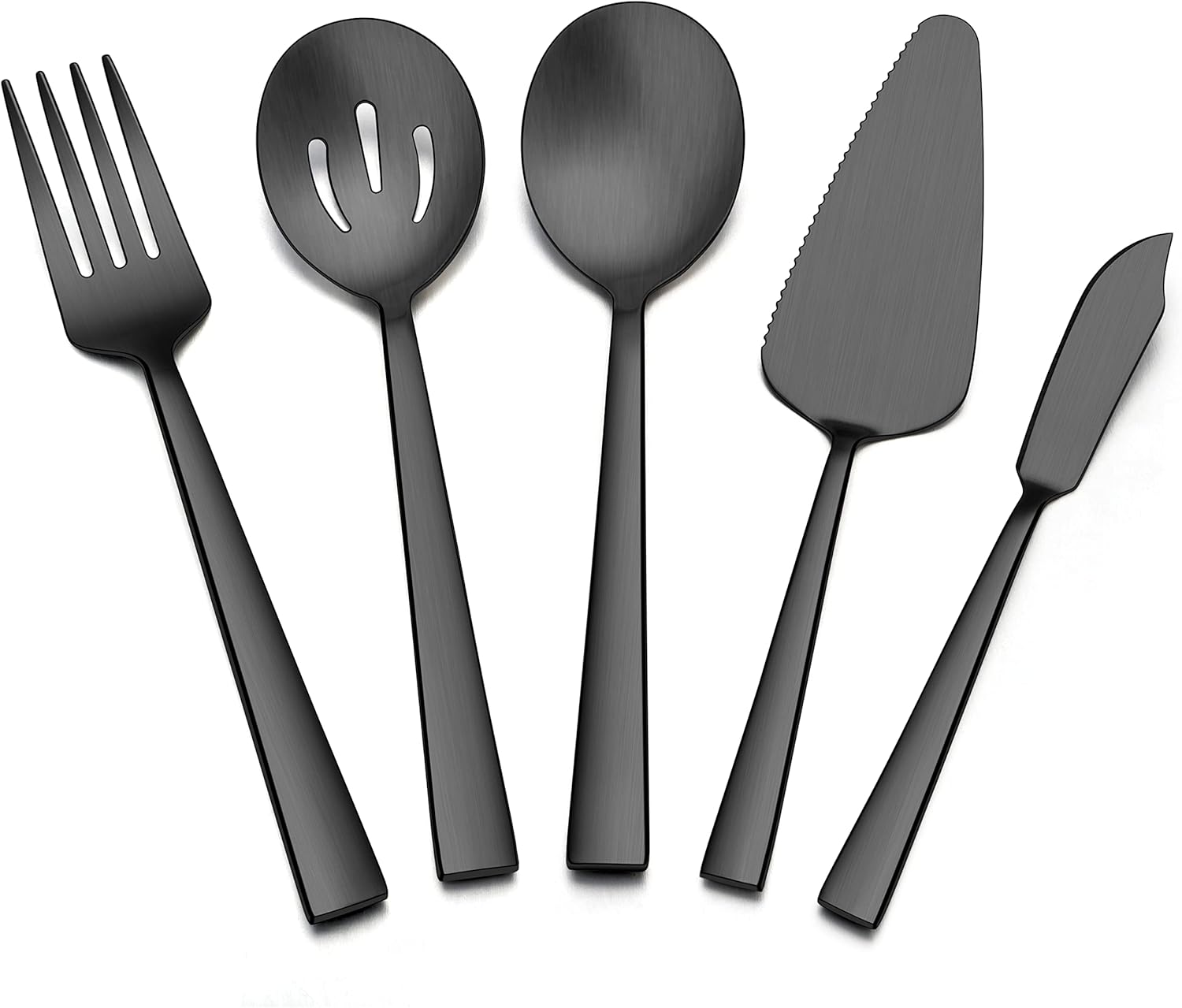 E-far Juego de 5 utensilios de servir color negro mate, utensilios de metal para servir catering, juego de servir de anfitriona de acero inoxidable
