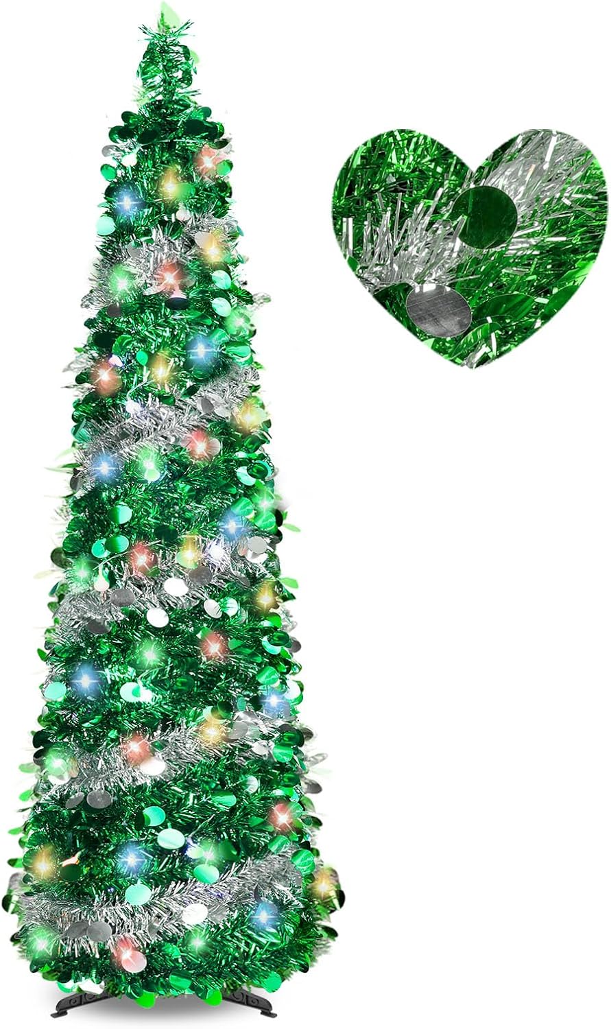 Árbol de Navidad desplegable de 5 pies con 8 modos, 90 decoraciones coloridas de Navidad, árbol de Navidad plegable para interiores y hogar,