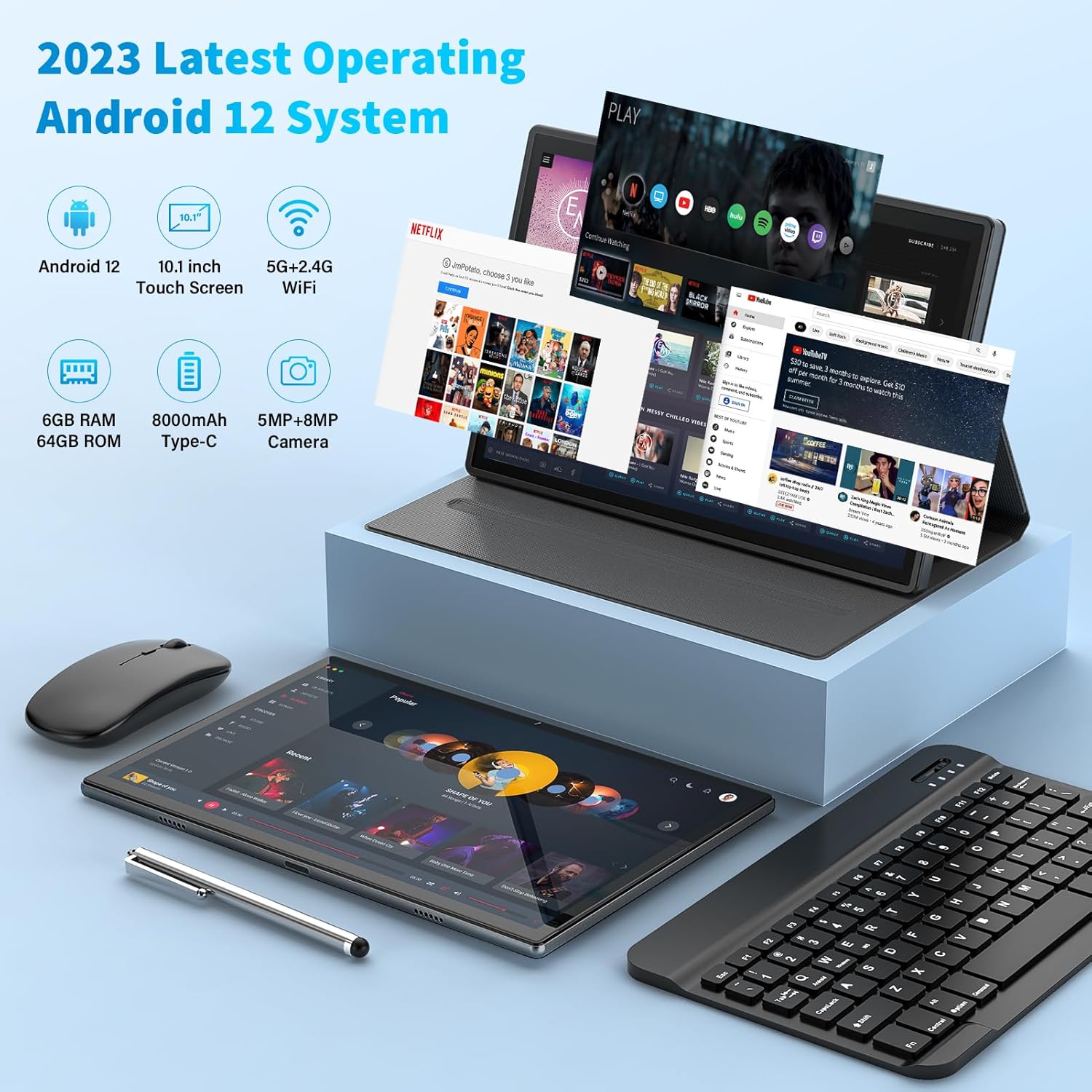 Android Tablet 2 in 1 Tablet, 10 inch Android 12 Tablet 6GB+64GB with Keyboard, Tablets with Case Mouse Stylus,512GB Expandable Dual Camera, WiFi,