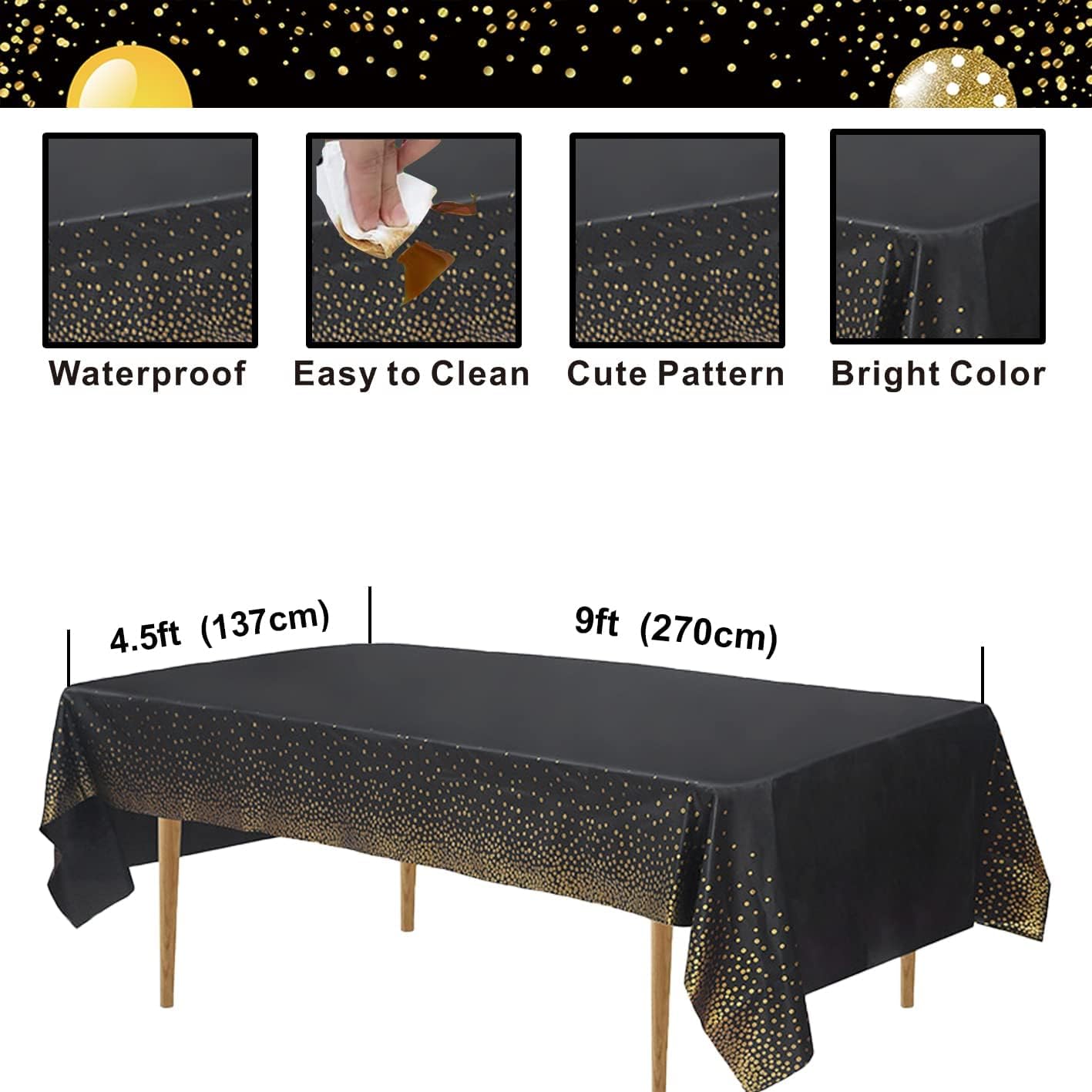Juego de mantel de fondo de feliz cumpleaños negro y dorado con texto en inglés “Happy Birthday”, decoración de regalo, 7 x 5 pies y mantel de
