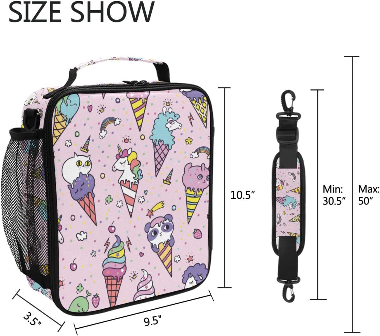 Linda bolsa de almuerzo con diseño de cono de unicornio y lunares rosados para niñas y niños, lonchera pequeña con aislamiento térmico para niños
